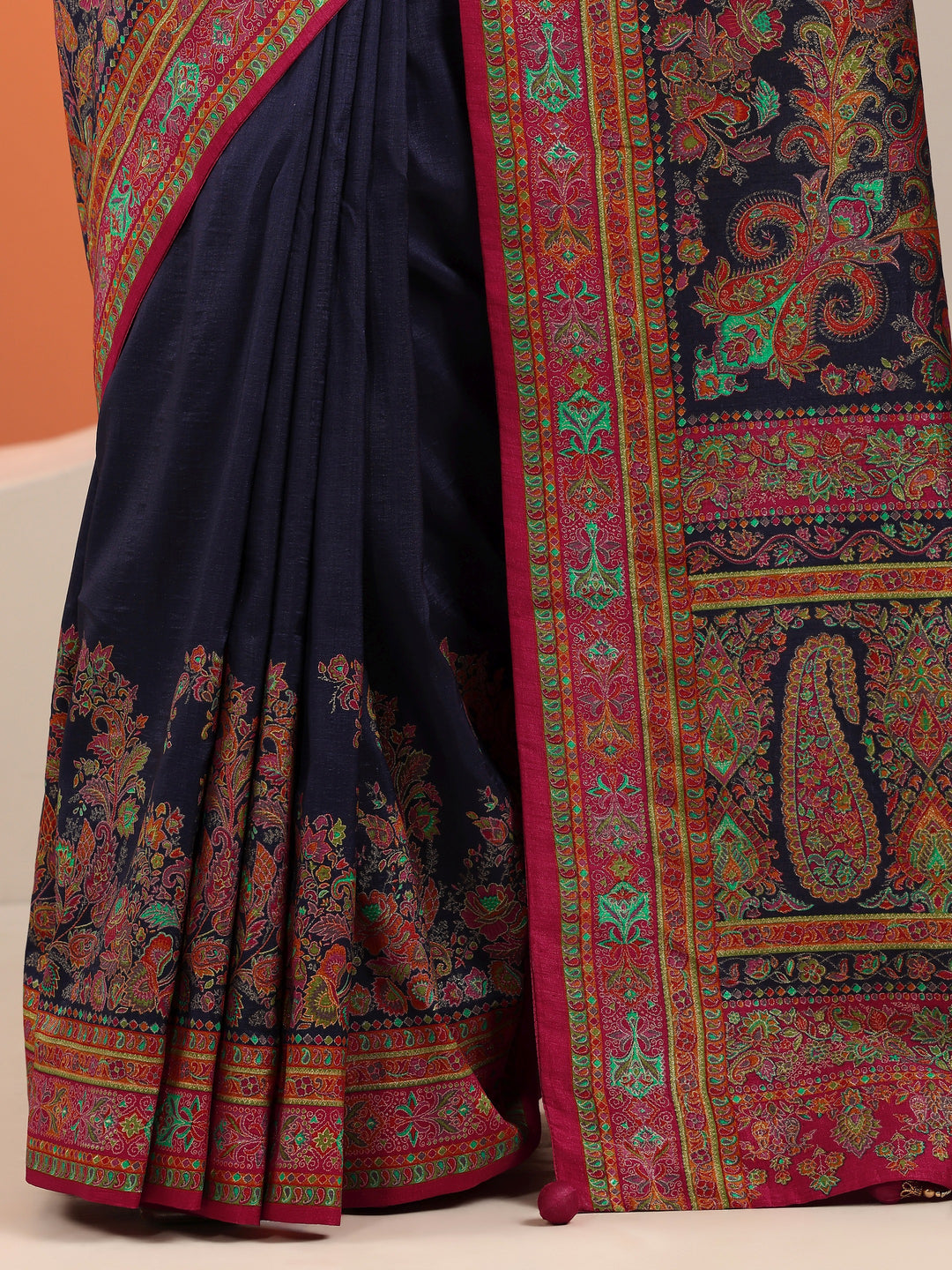  Navy Blue Printed Silk Blend Saree With Unstitched Blouse Piece 