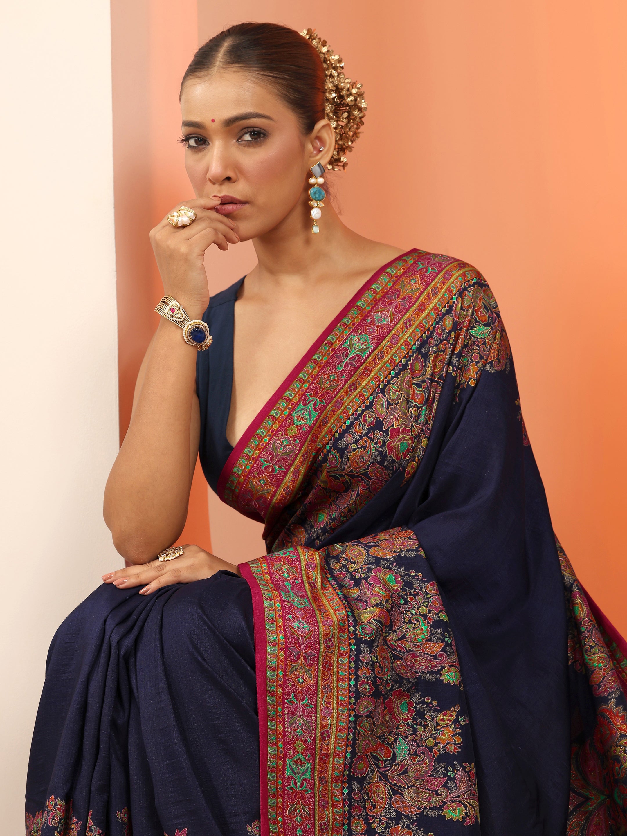 libas Navy Blue Printed Silk Blend Saree With Unstitched Blouse Piece-picture-33