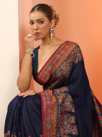 Navy Blue Printed Silk Blend Saree With Unstitched Blouse Piece
