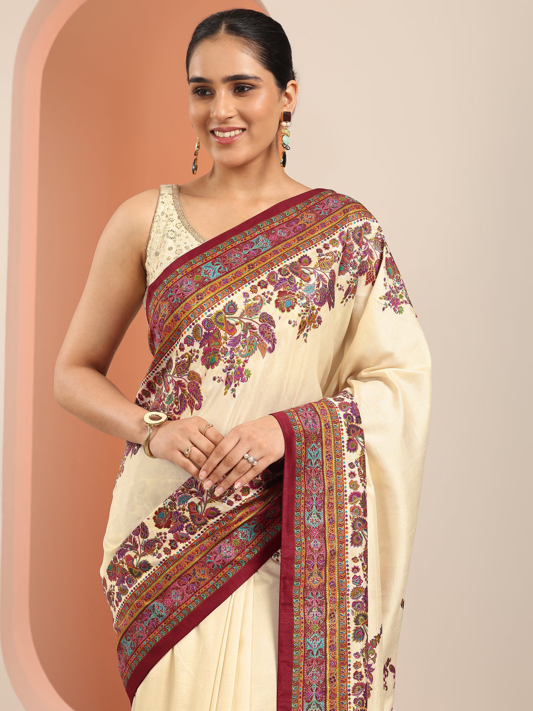  Cream Printed Silk Blend Saree With Unstitched Blouse Piece 