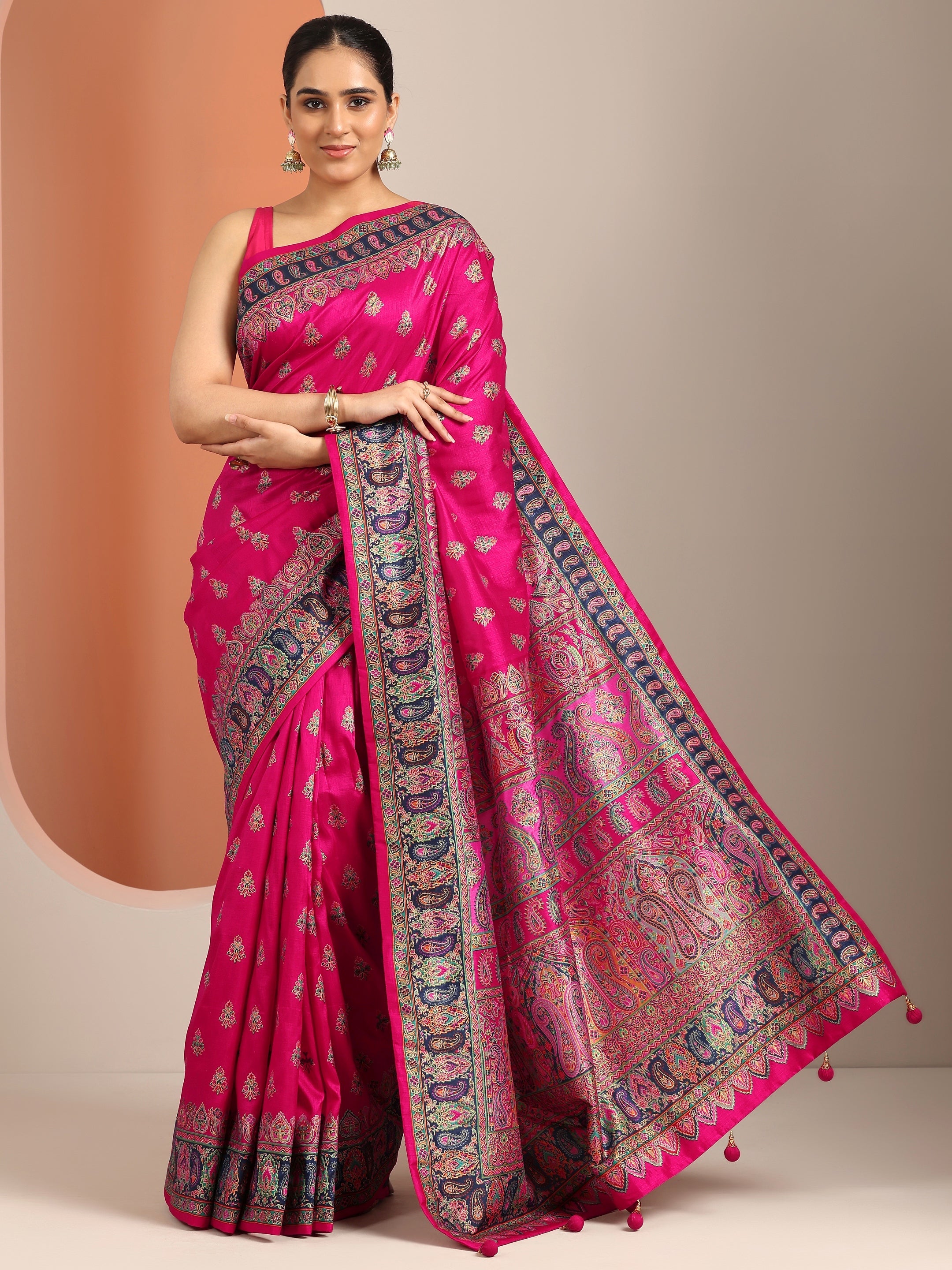 libas Pink Printed Silk Blend Saree With Unstitched Blouse Piece-picture-53