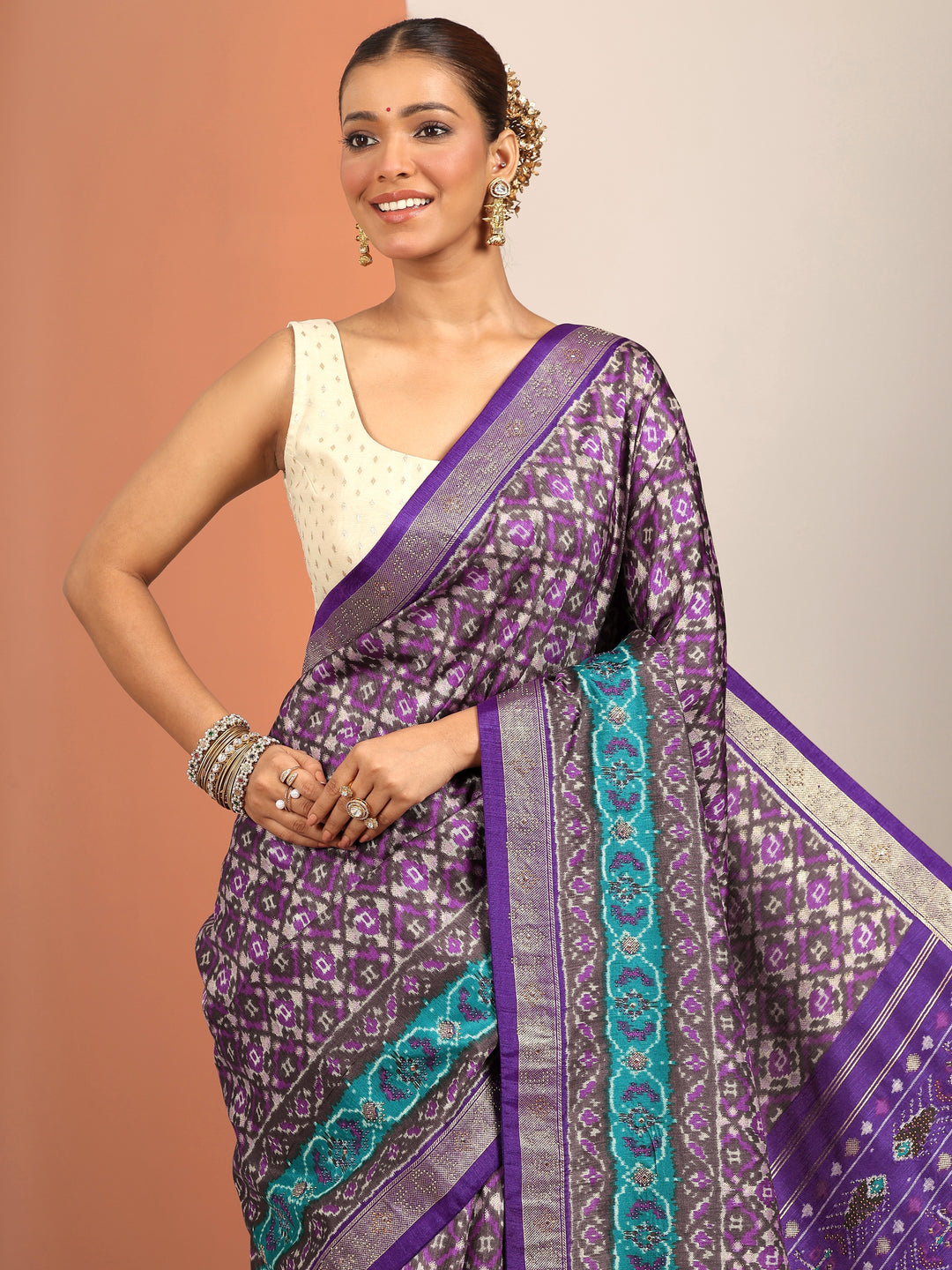  Purple  Silk Blend Saree With Unstitched Blouse Piece 