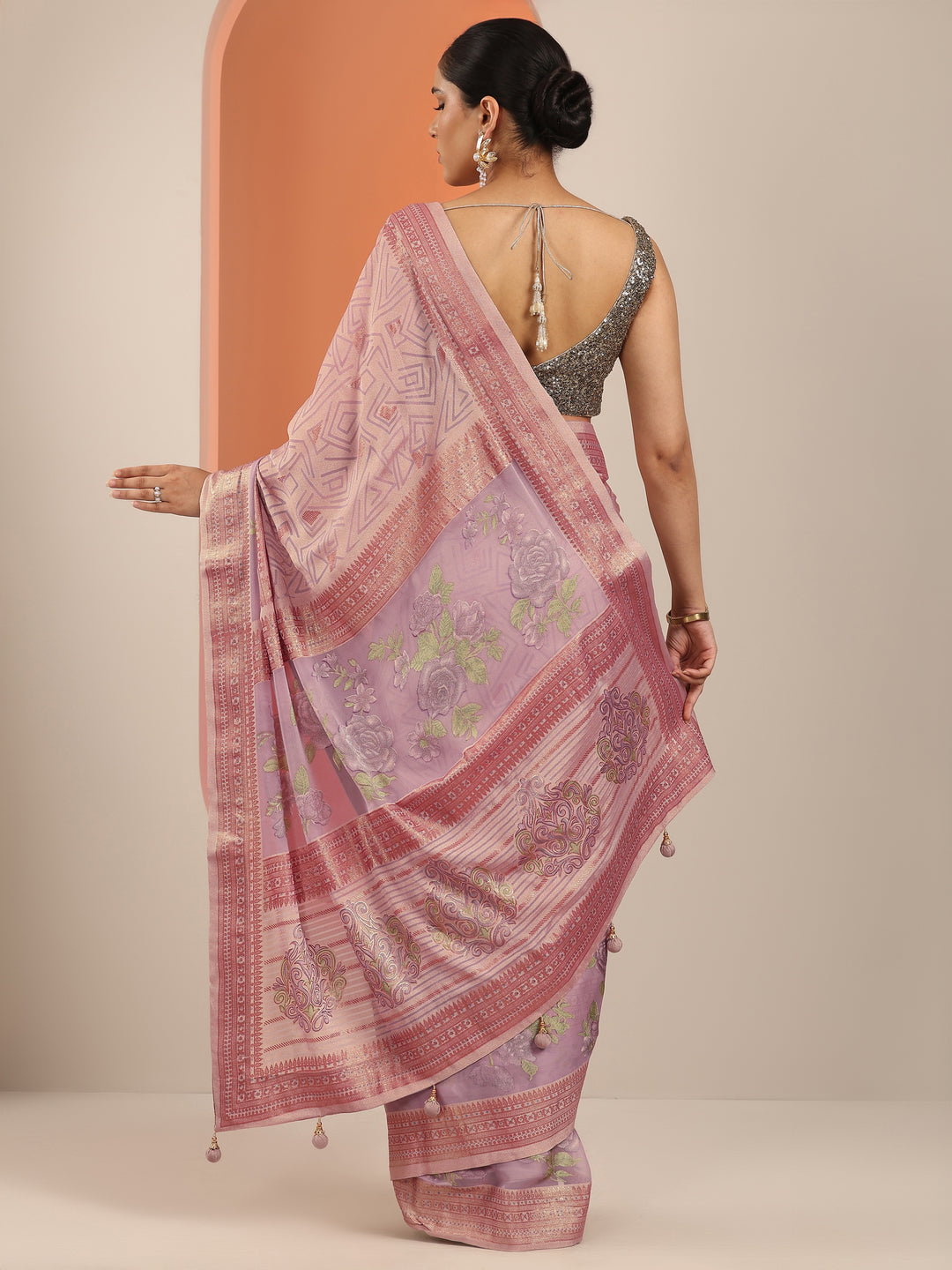  Mauve Printed Georgette Saree With Unstitched Blouse Piece 