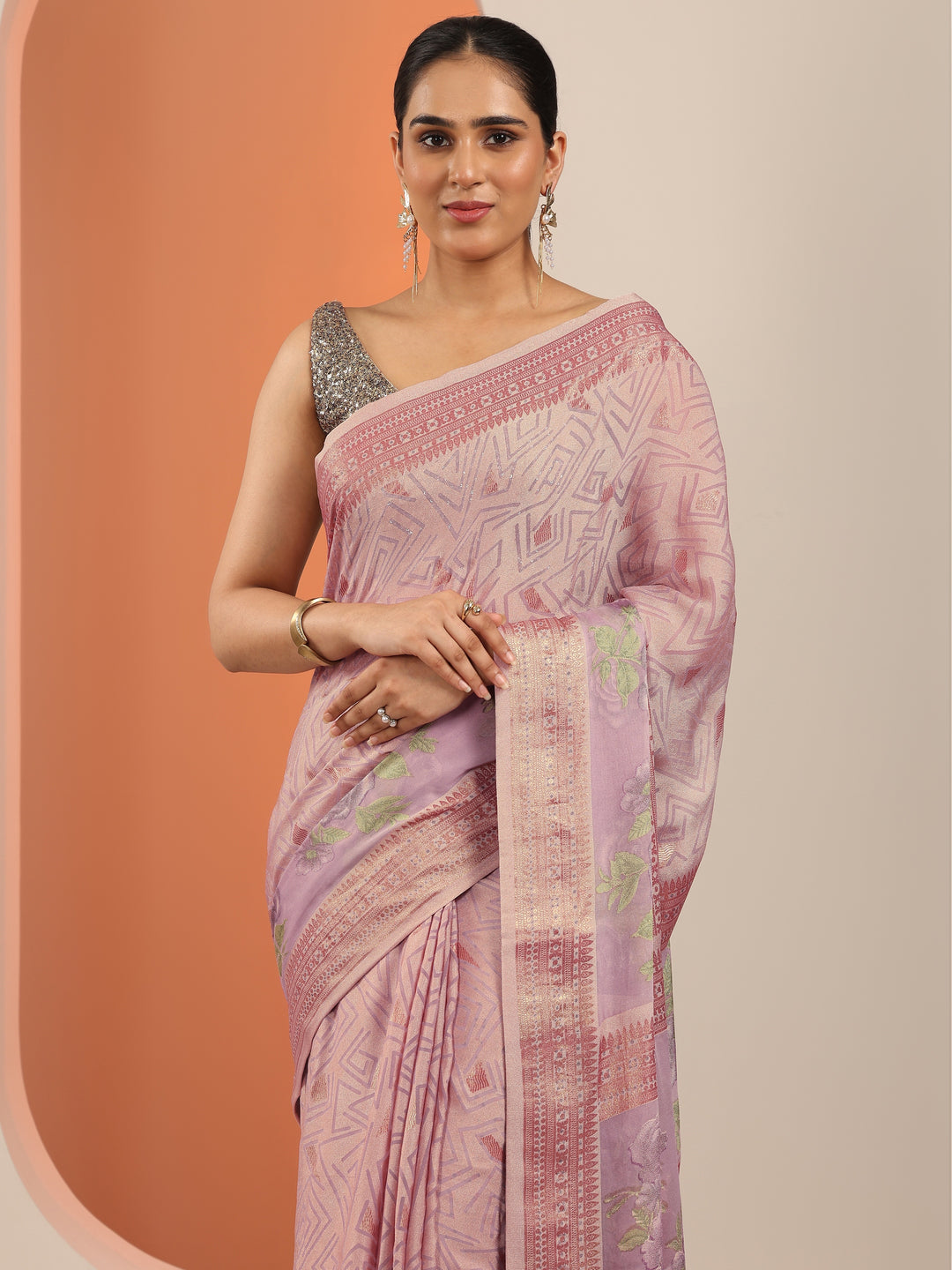  Mauve Printed Georgette Saree With Unstitched Blouse Piece 