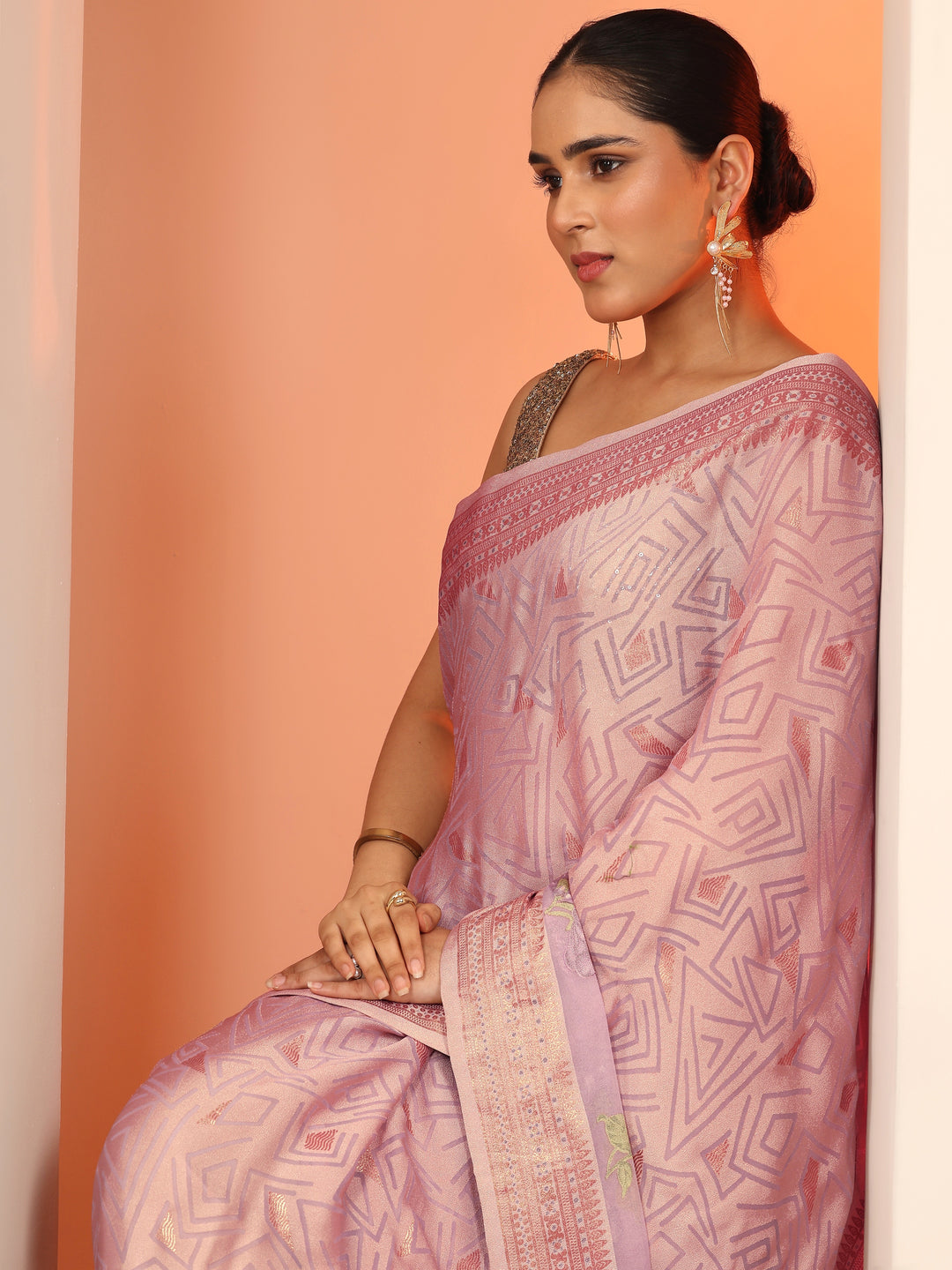  Mauve Printed Georgette Saree With Unstitched Blouse Piece 