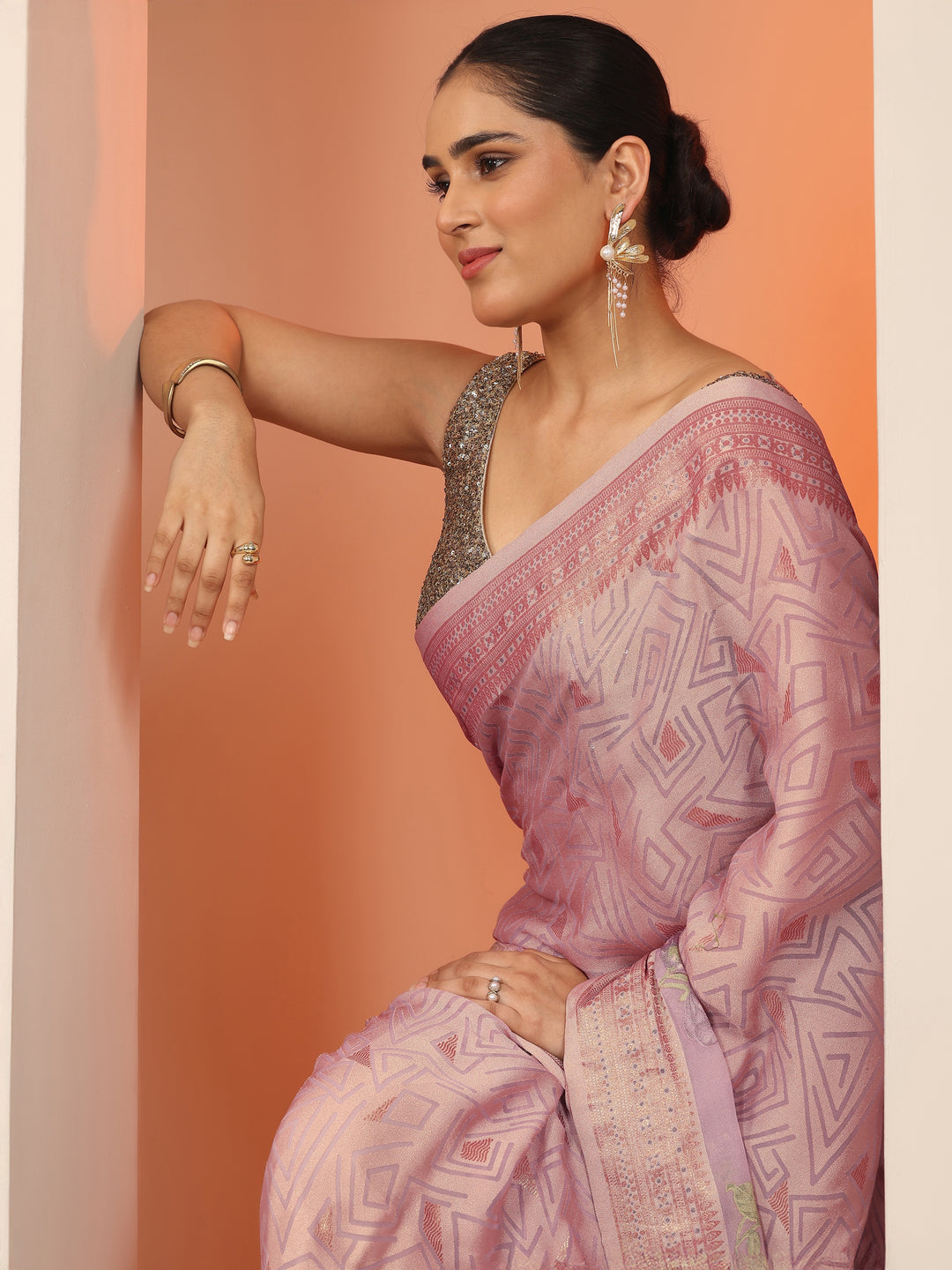 Mauve Printed Georgette Saree With Unstitched Blouse Piece 