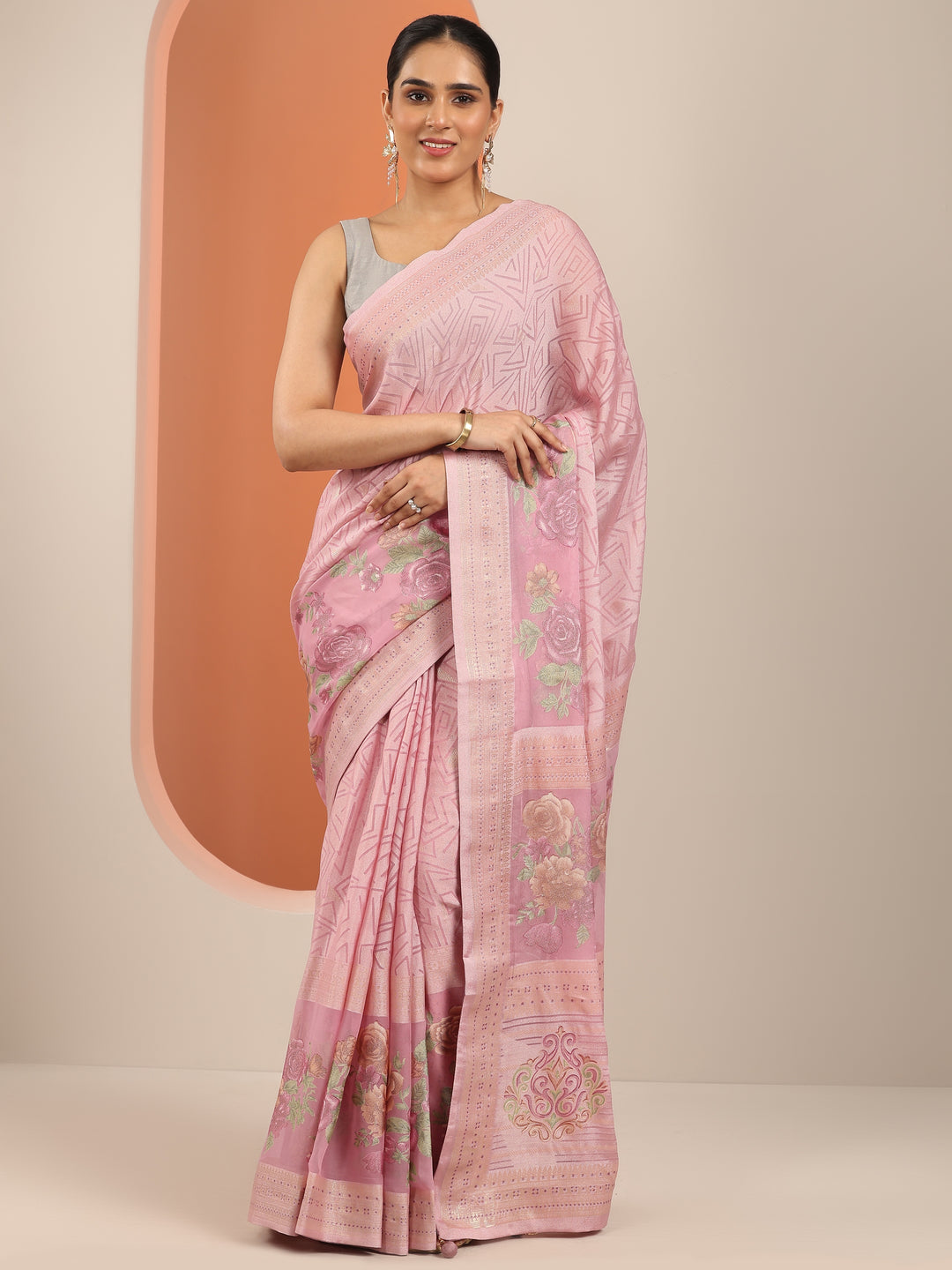  Pink Printed Georgette Saree With Unstitched Blouse Piece 