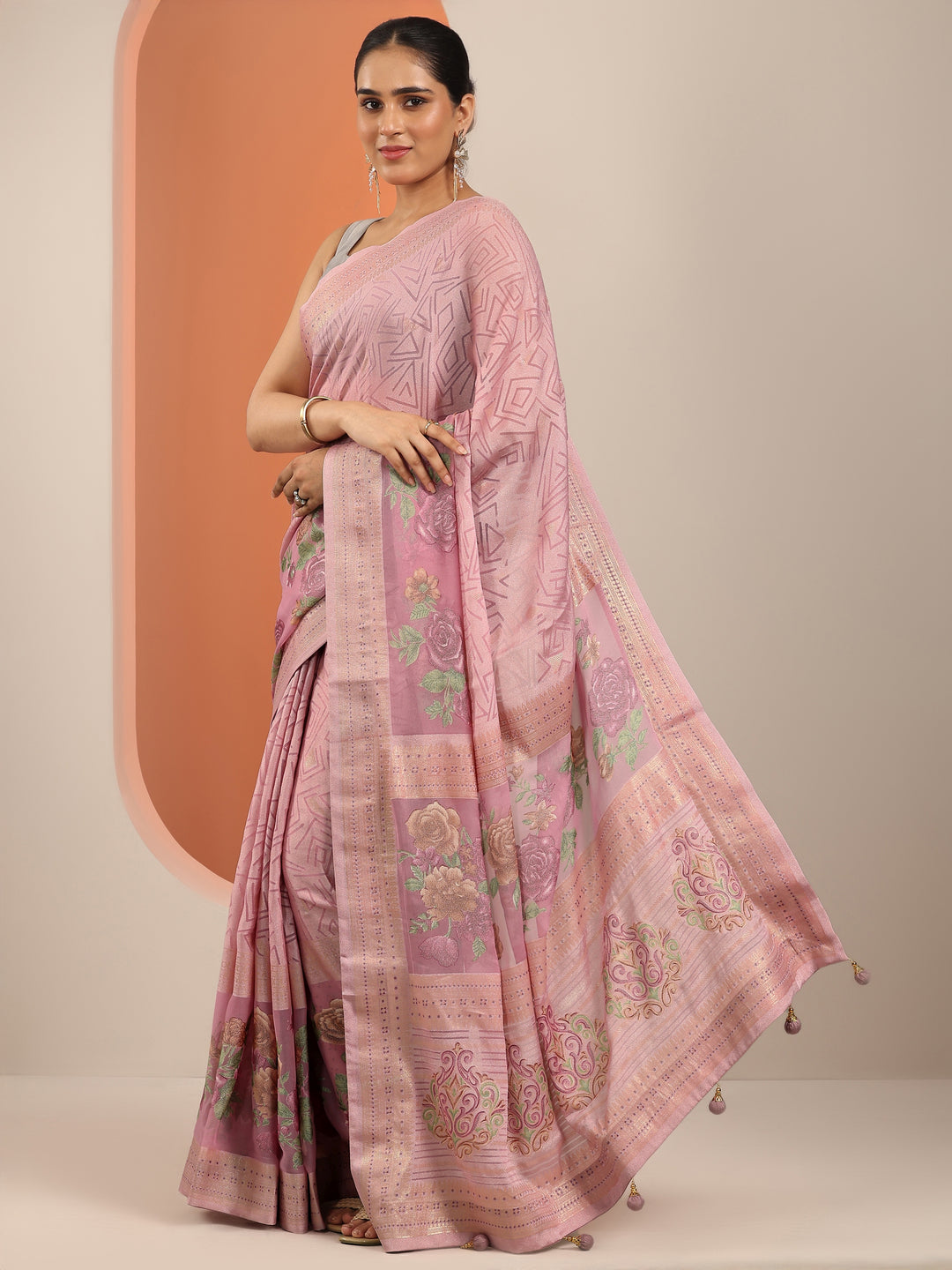  Pink Printed Georgette Saree With Unstitched Blouse Piece 