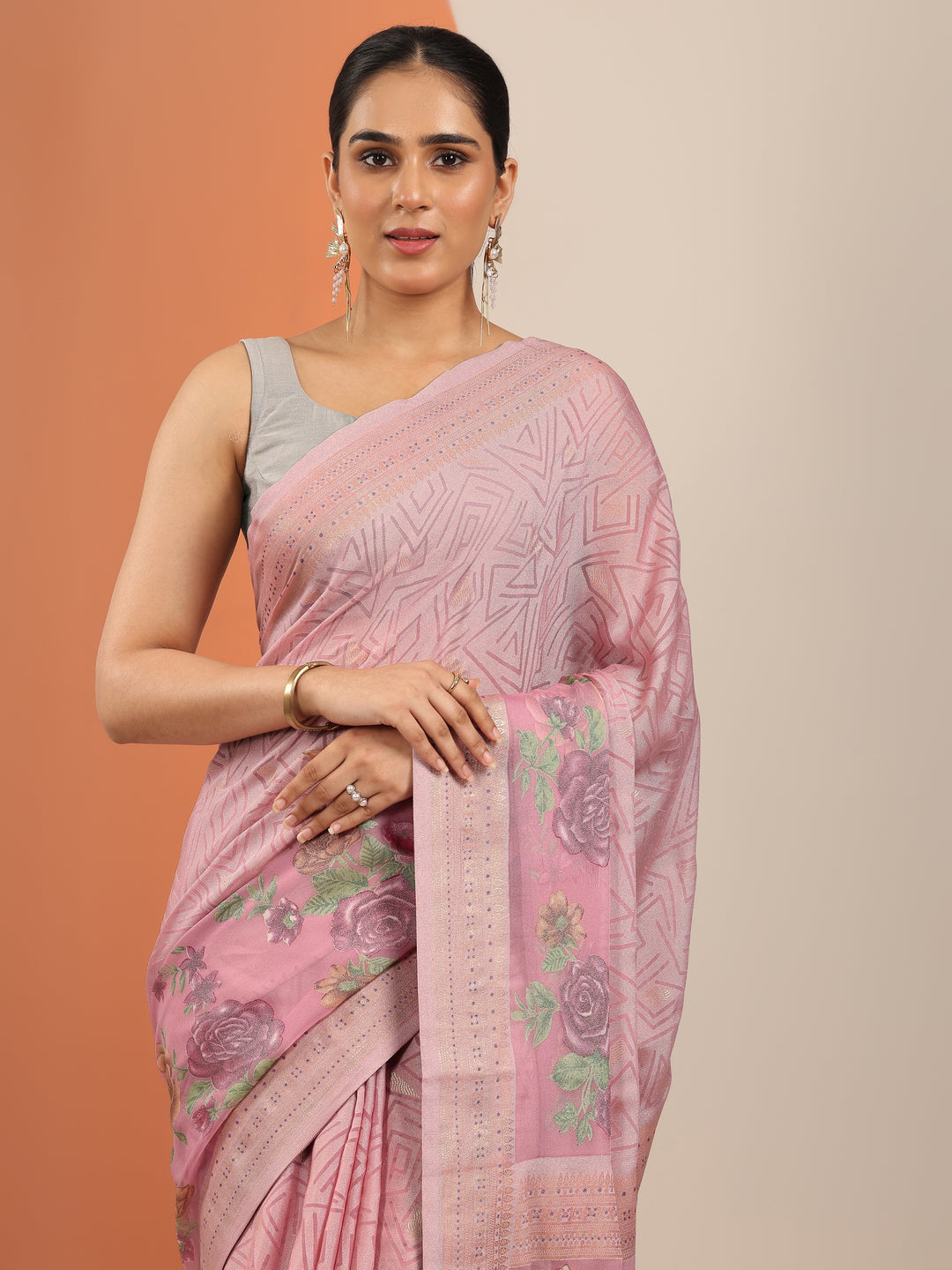  Pink Printed Georgette Saree With Unstitched Blouse Piece 
