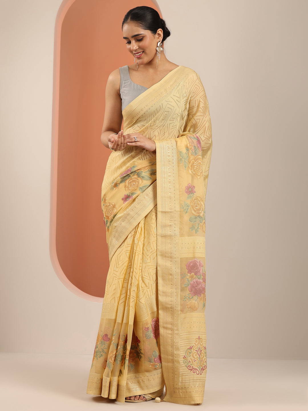 Yellow Printed Georgette Saree With Unstitched Blouse Piece 