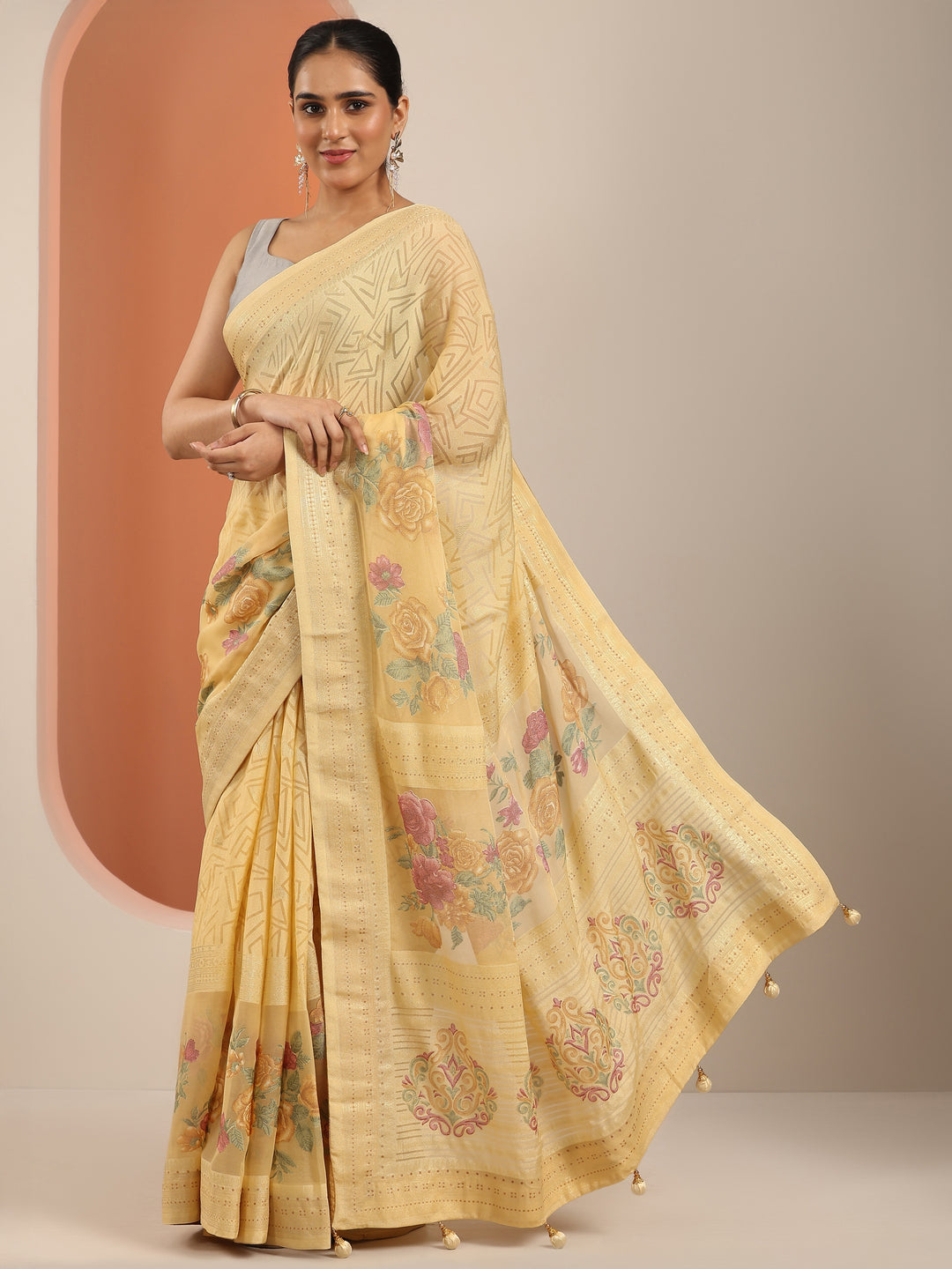  Yellow Printed Georgette Saree With Unstitched Blouse Piece 