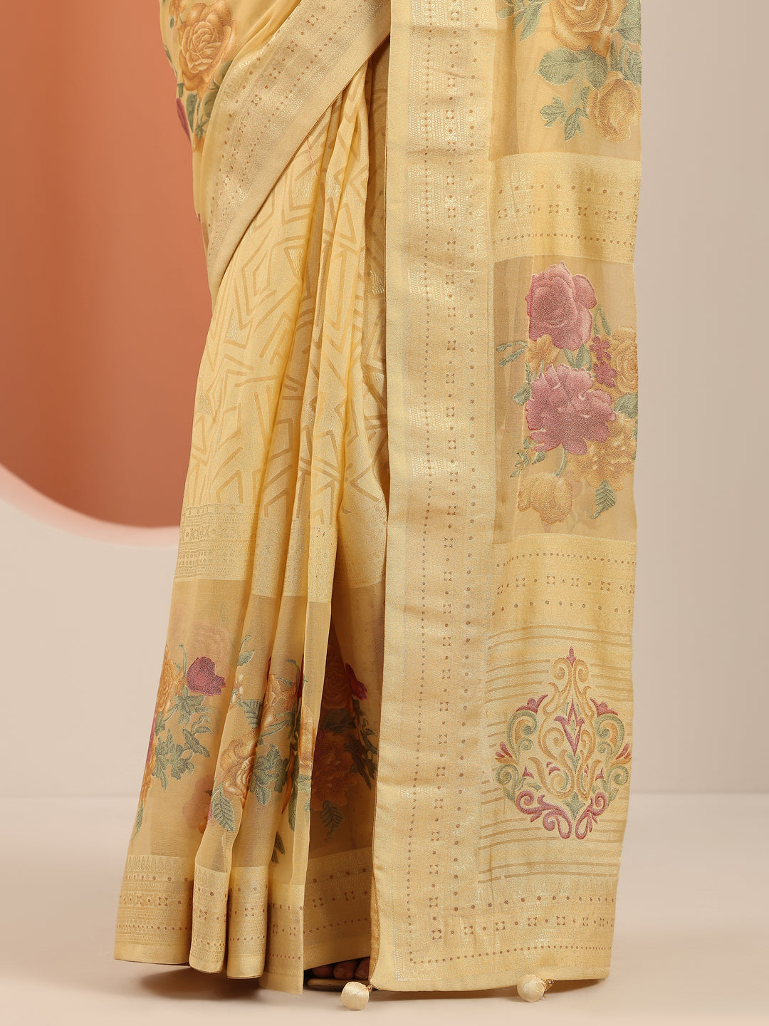  Yellow Printed Georgette Saree With Unstitched Blouse Piece 