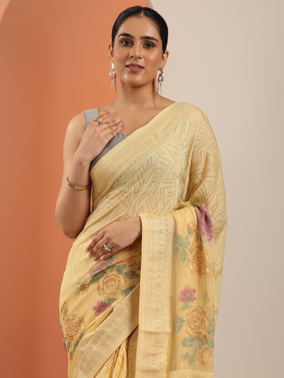  Yellow Printed Georgette Saree With Unstitched Blouse Piece 