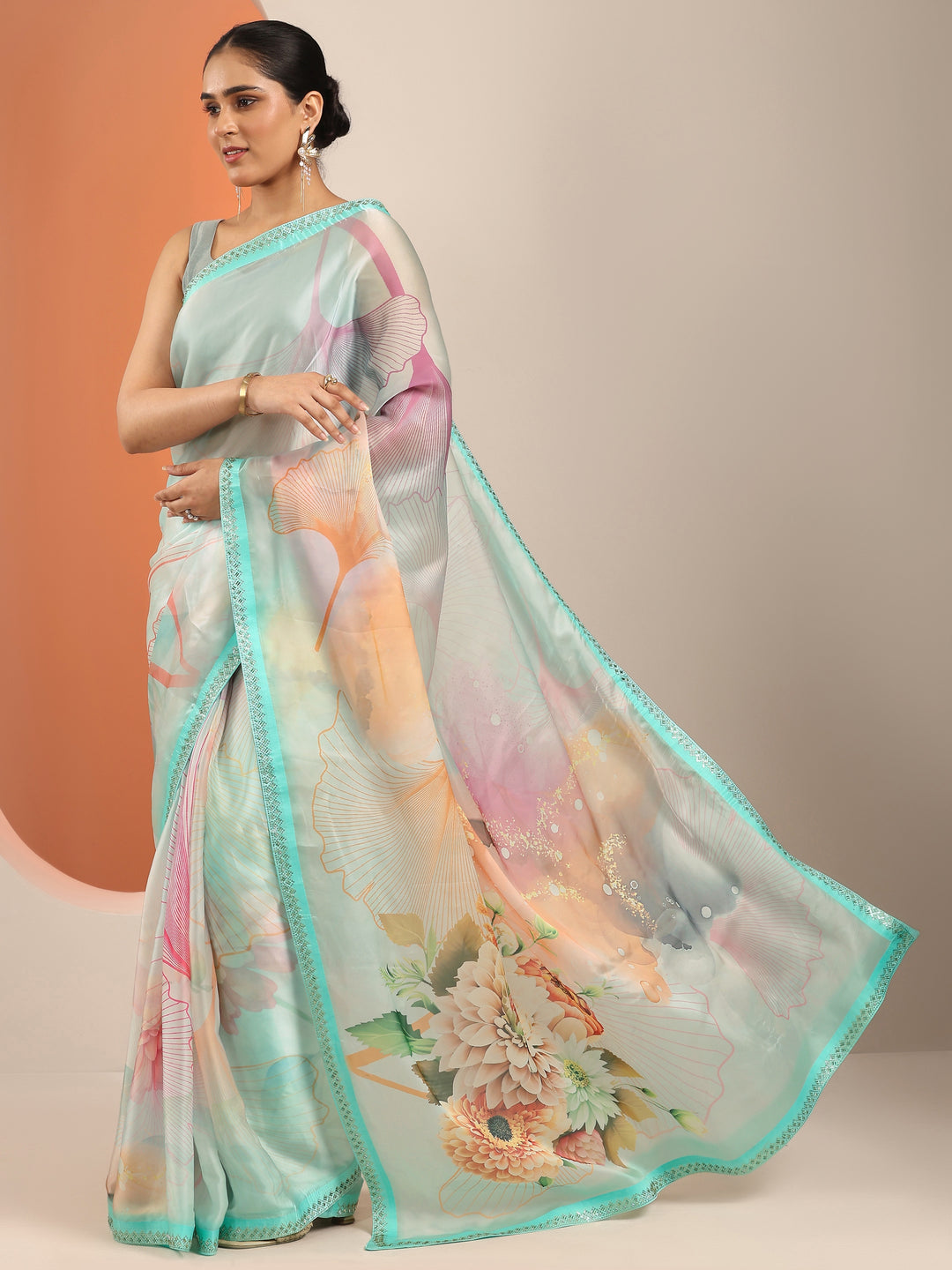  Multi Printed Organza Saree With Unstitched Blouse Piece 