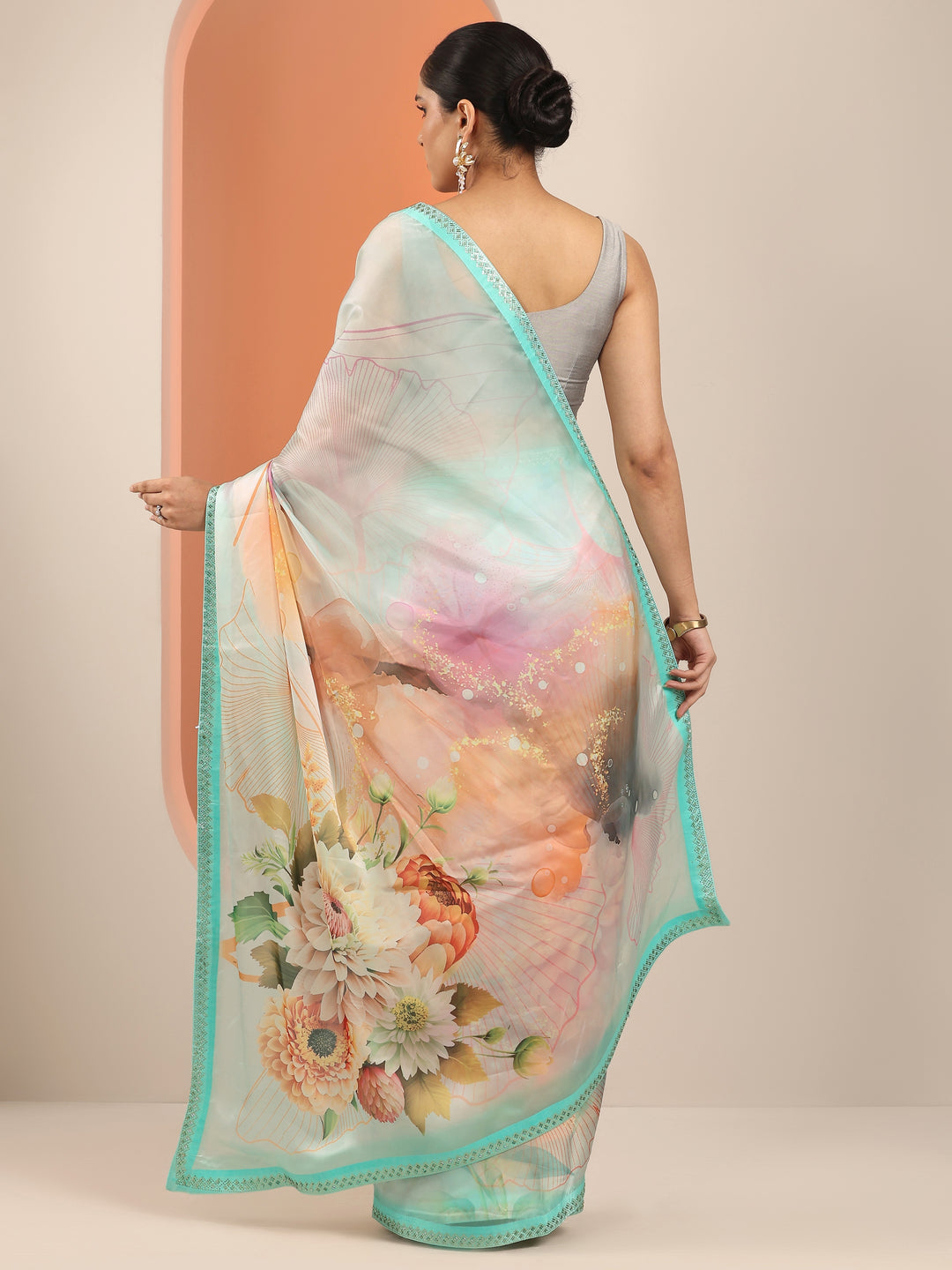  Multi Printed Organza Saree With Unstitched Blouse Piece 