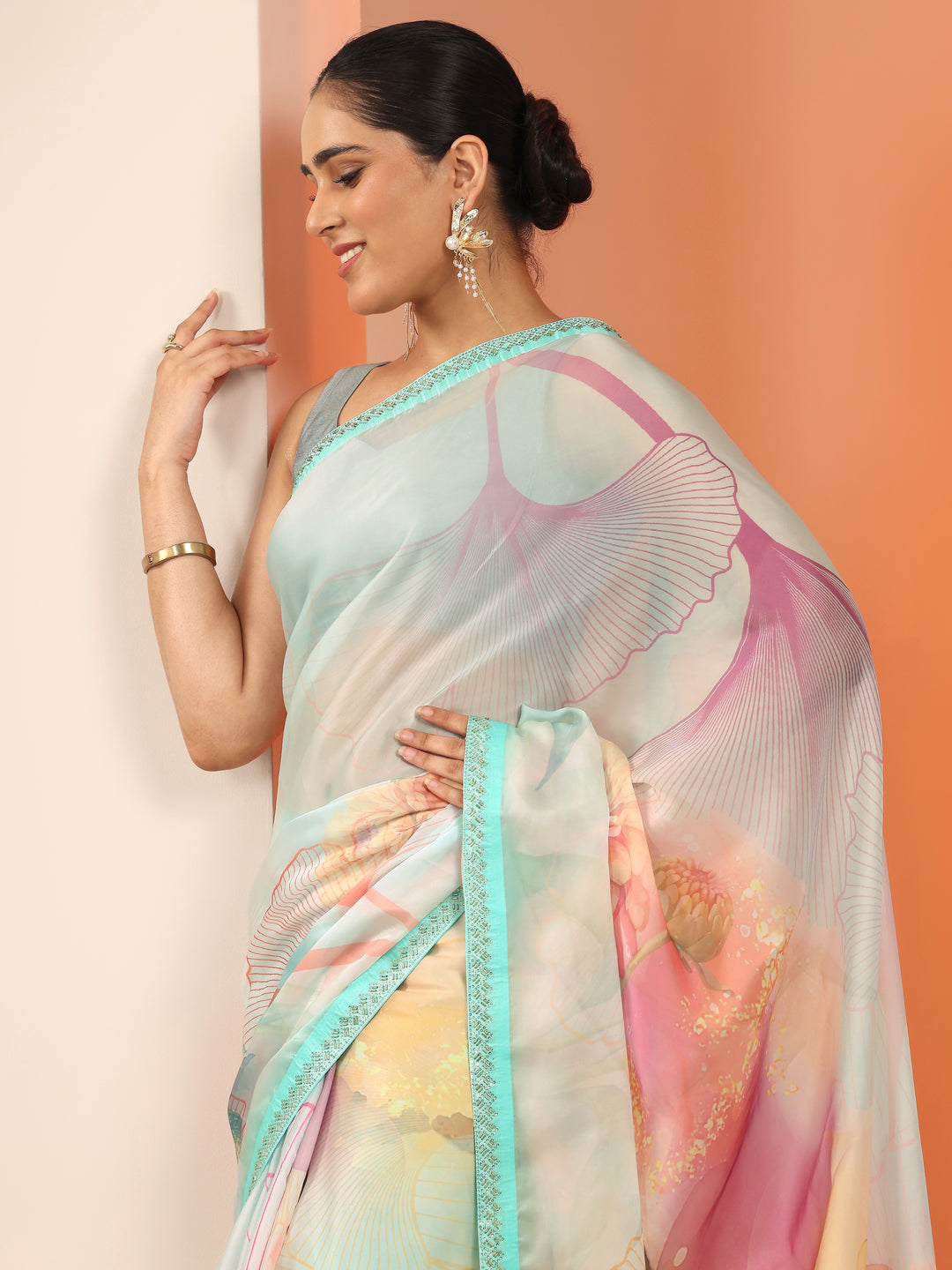  Multi Printed Organza Saree With Unstitched Blouse Piece 