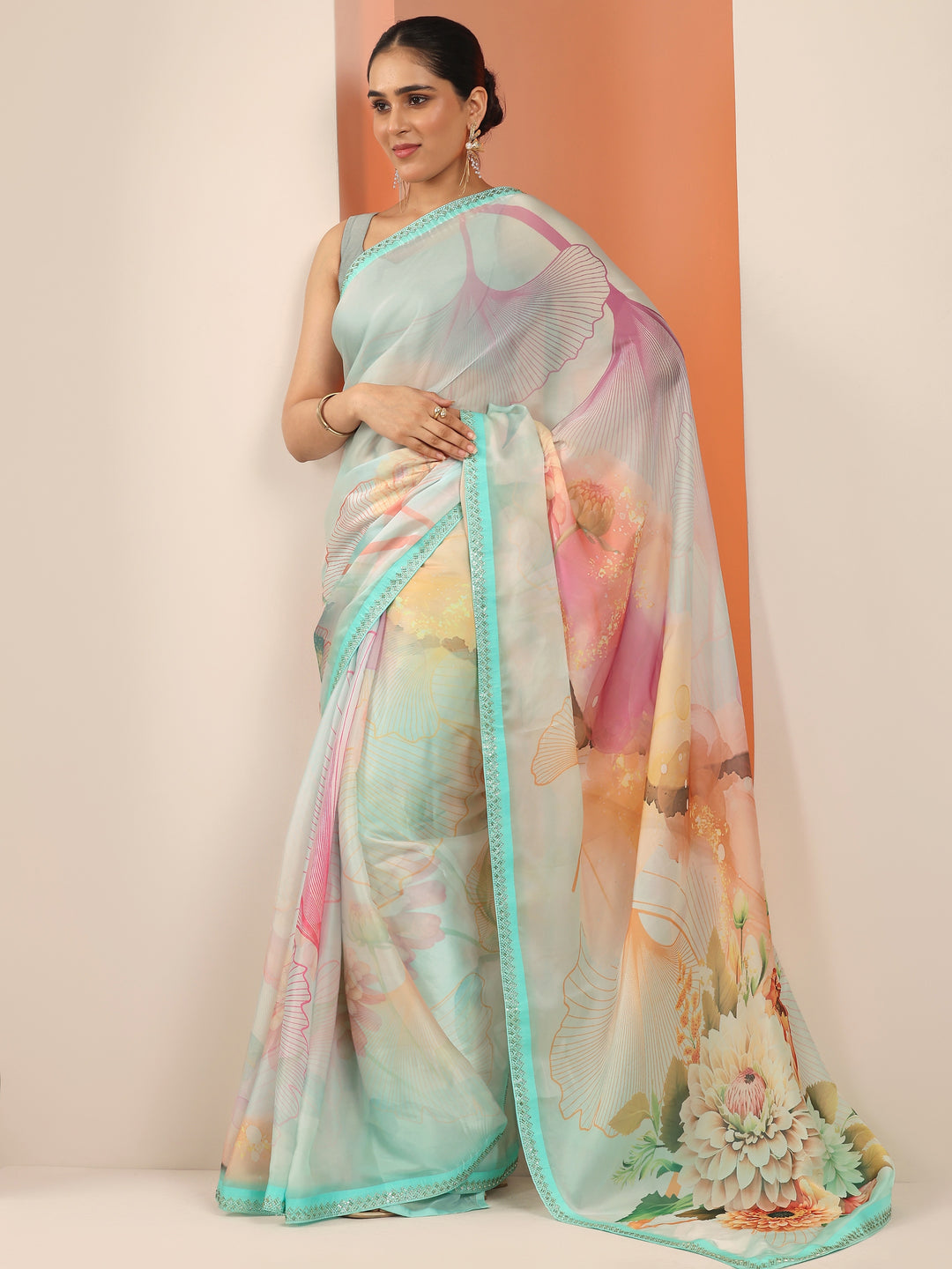  Multi Printed Organza Saree With Unstitched Blouse Piece 