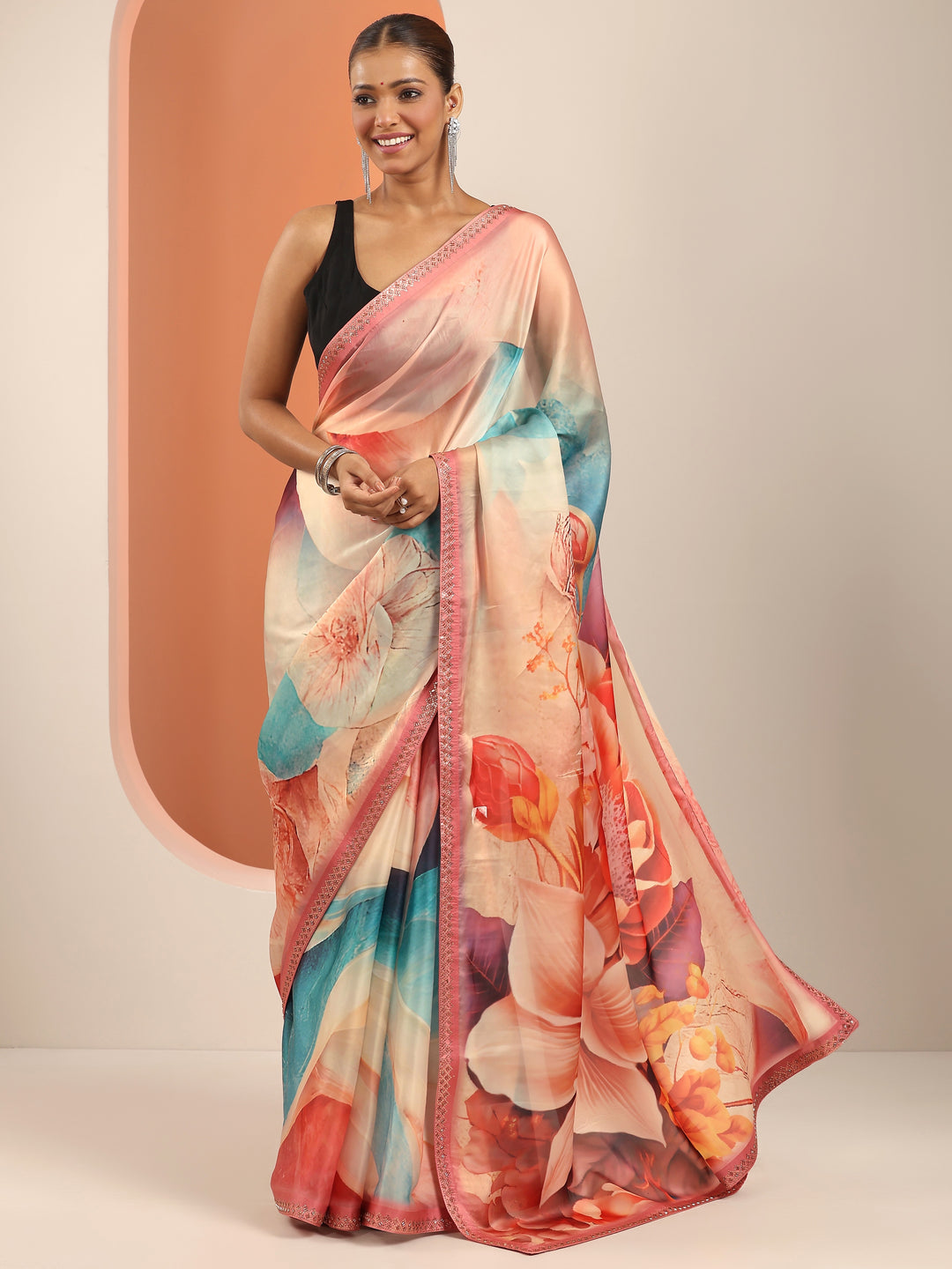  Peach Printed Organza Saree With Unstitched Blouse Piece 