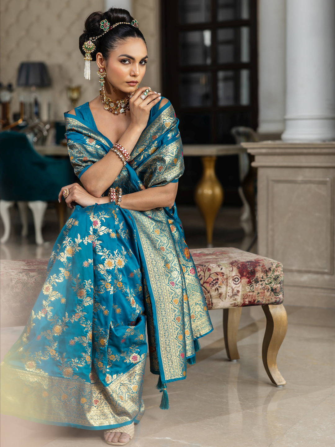  Blue Woven Design Silk Blend Saree With Unstitched Blouse Piece 