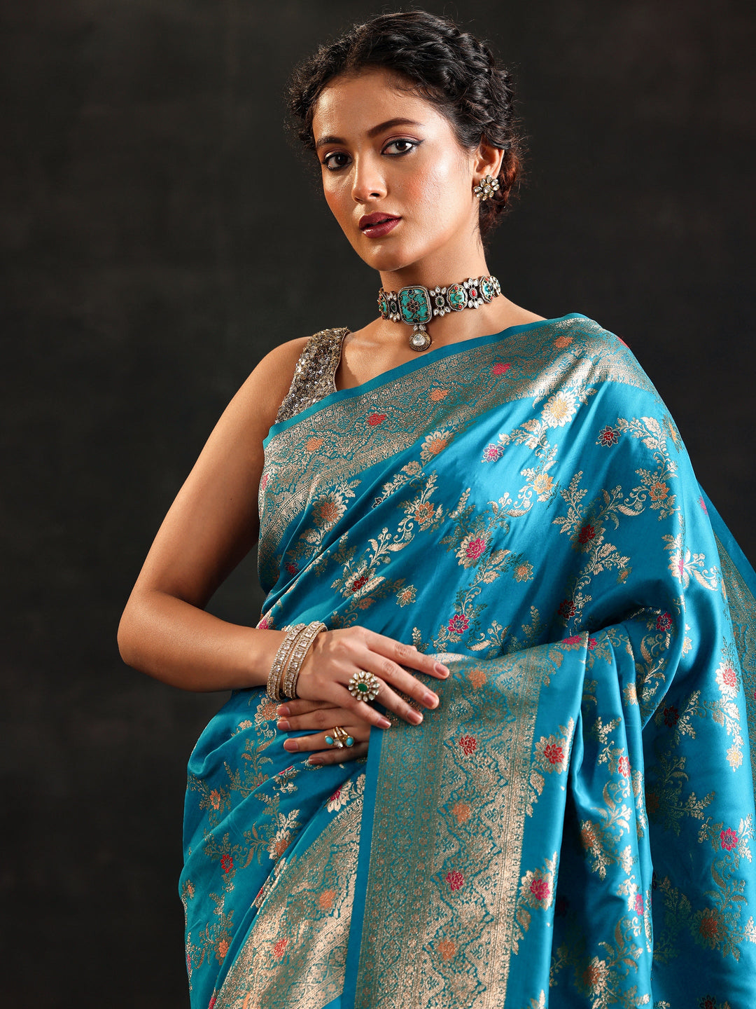  Blue Woven Design Silk Blend Saree With Unstitched Blouse Piece 