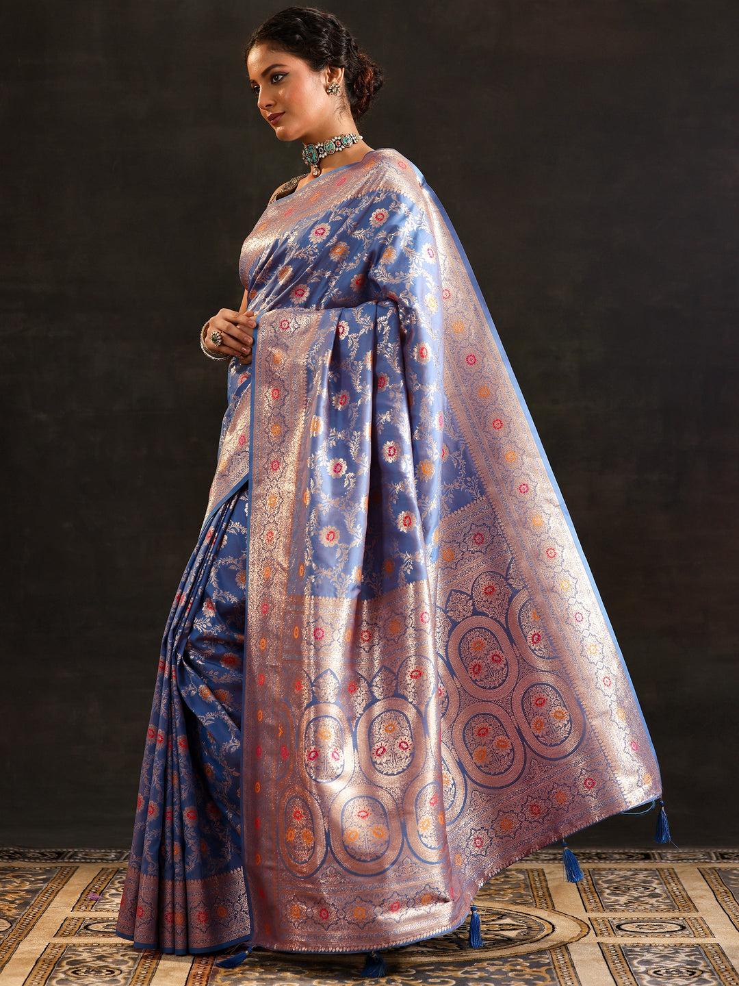  Blue Woven Design Silk Blend Saree With Unstitched Blouse Piece 