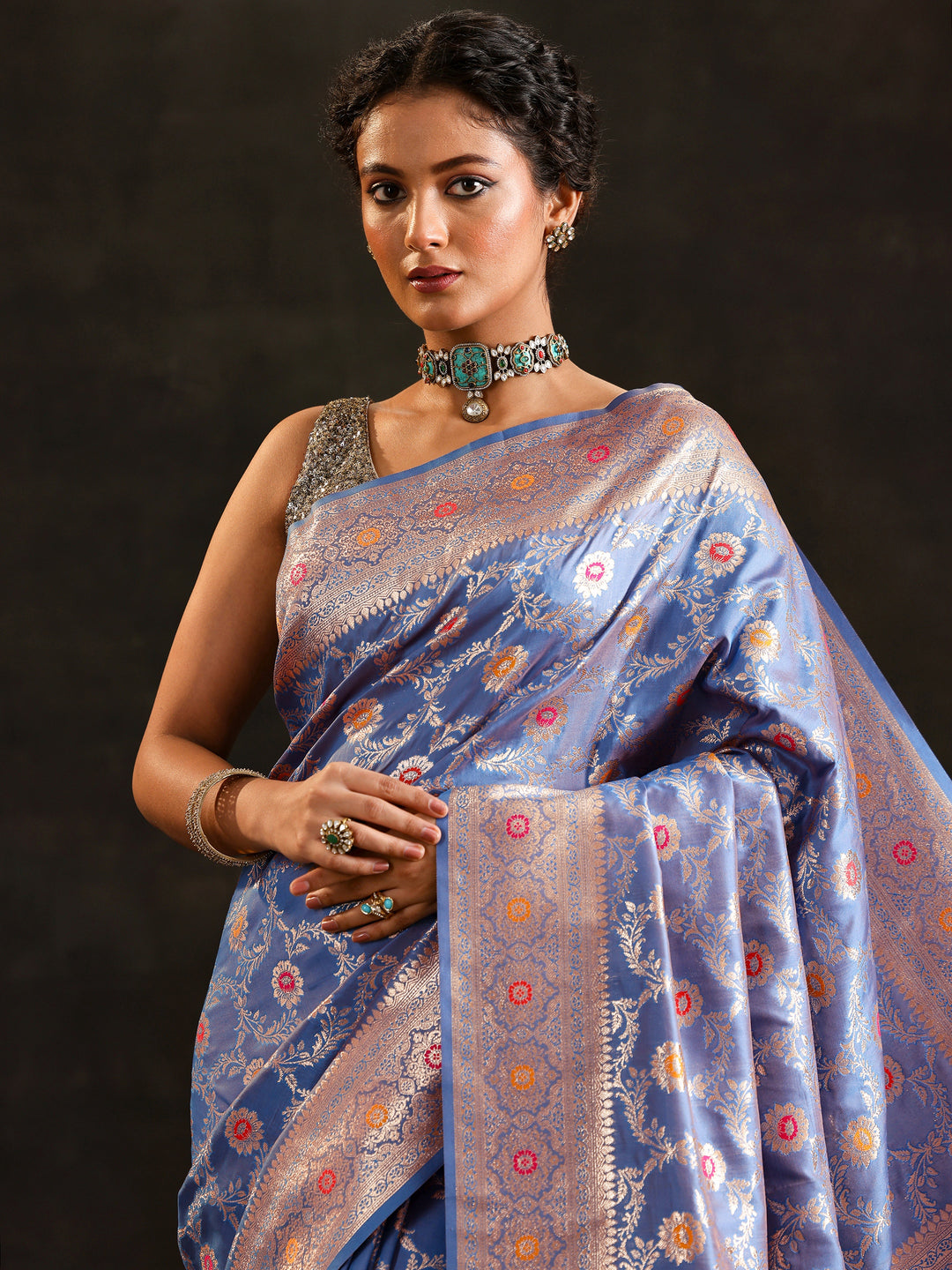  Blue Woven Design Silk Blend Saree With Unstitched Blouse Piece 
