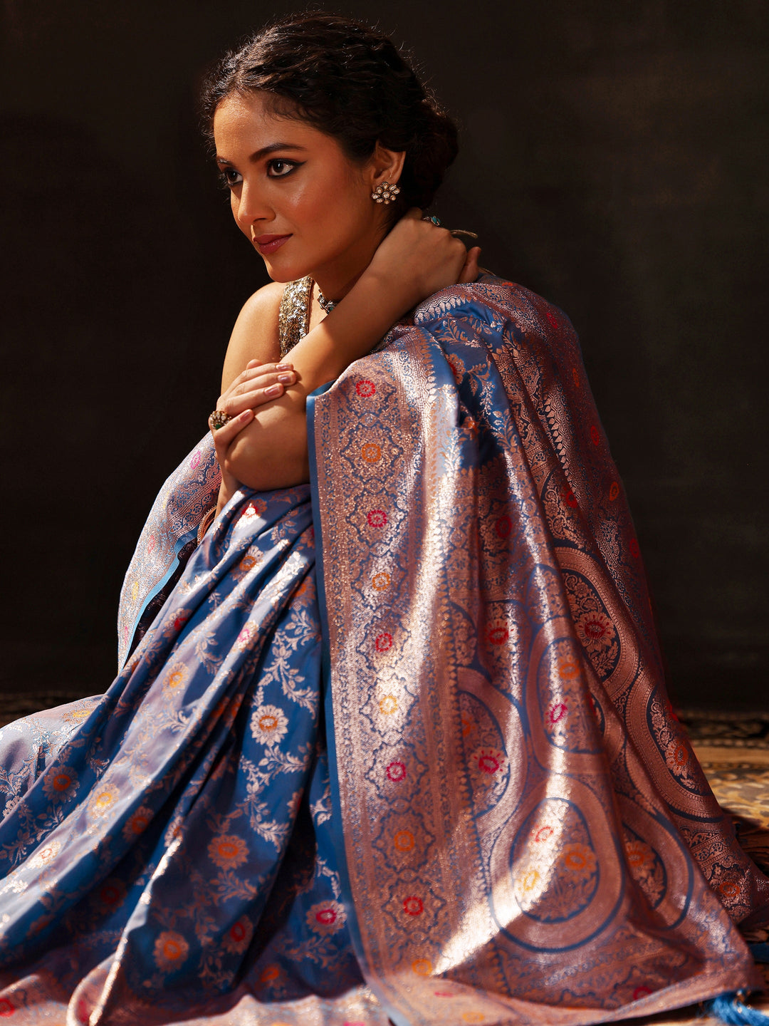  Blue Woven Design Silk Blend Saree With Unstitched Blouse Piece 