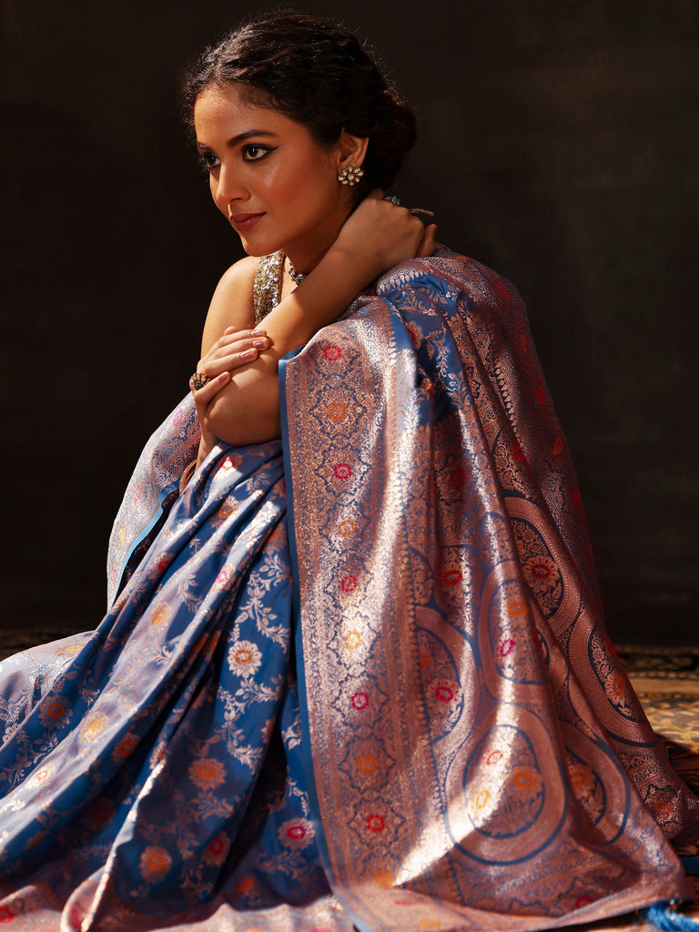 Libas Blue Woven Design Silk Blend Saree With Unstitched Blouse Piece