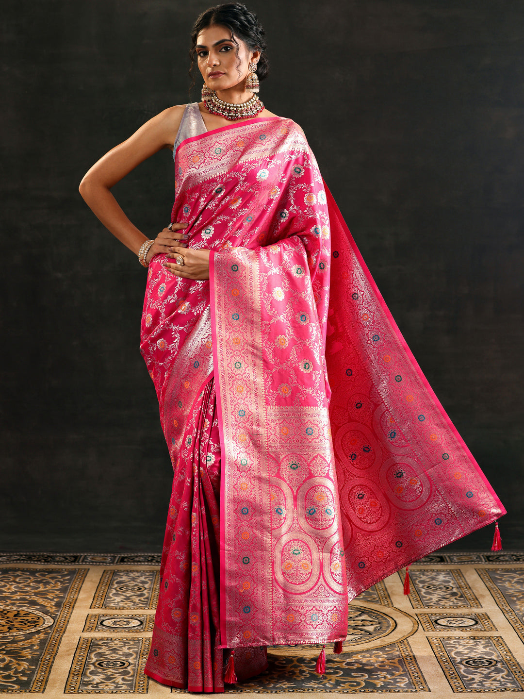  Pink Woven Design Silk Blend Saree With Unstitched Blouse Piece 