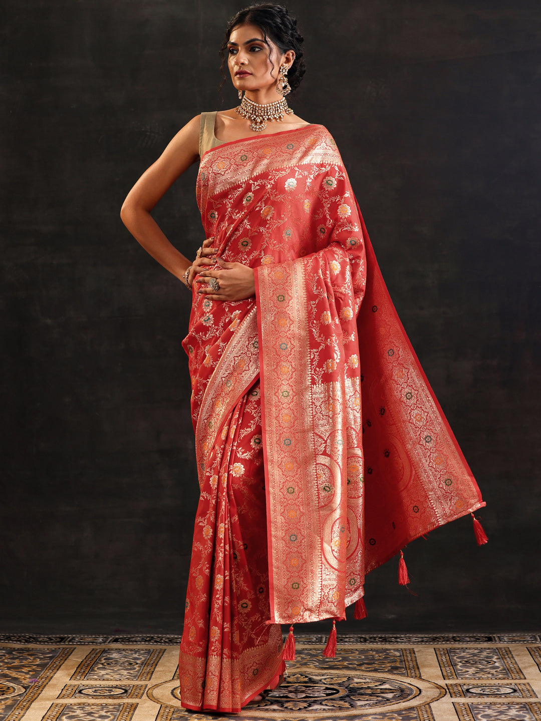  Rust Woven Design Silk Blend Saree With Unstitched Blouse Piece 