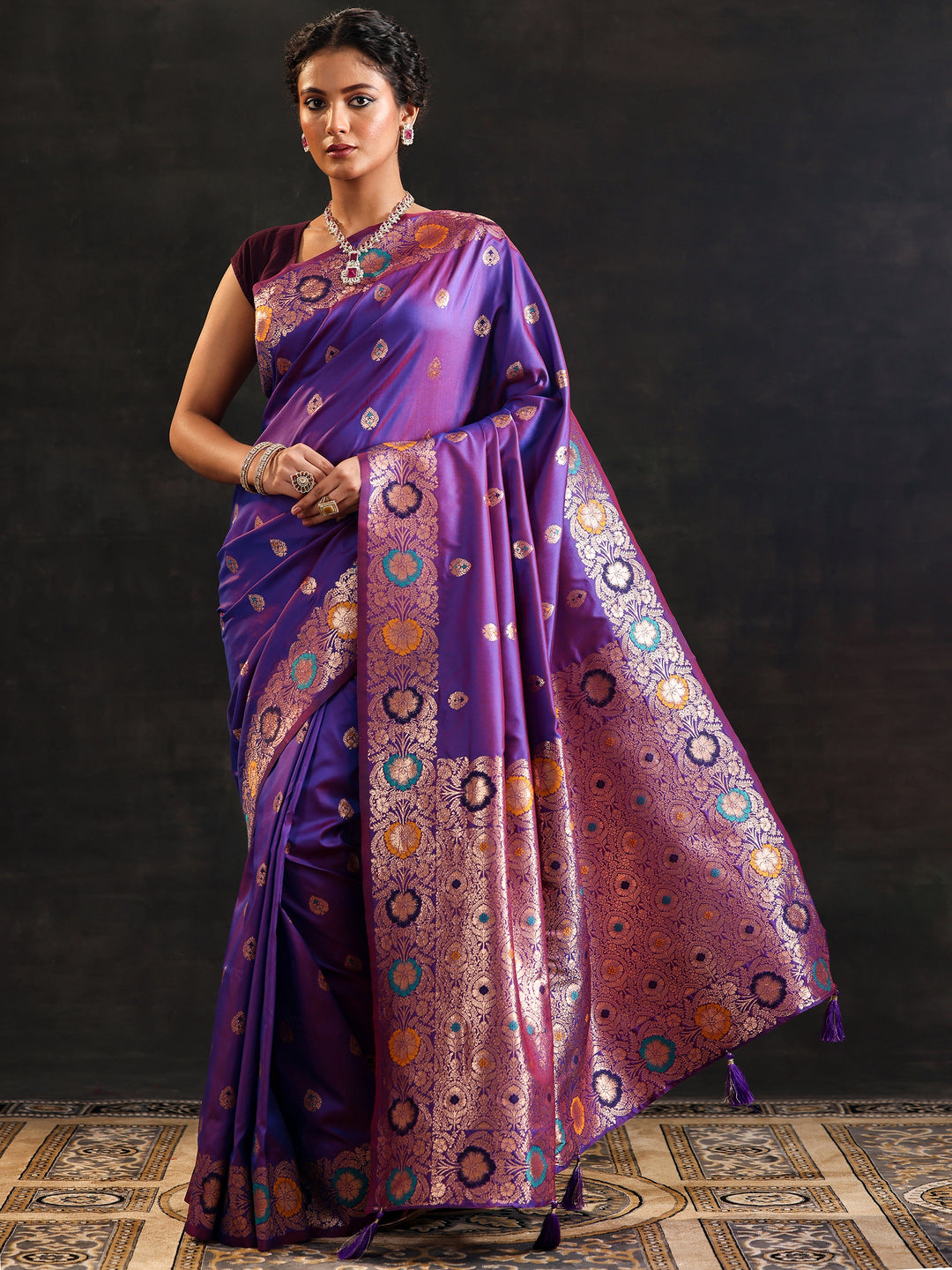  Purple Woven Design Silk Blend Saree With Unstitched Blouse Piece 