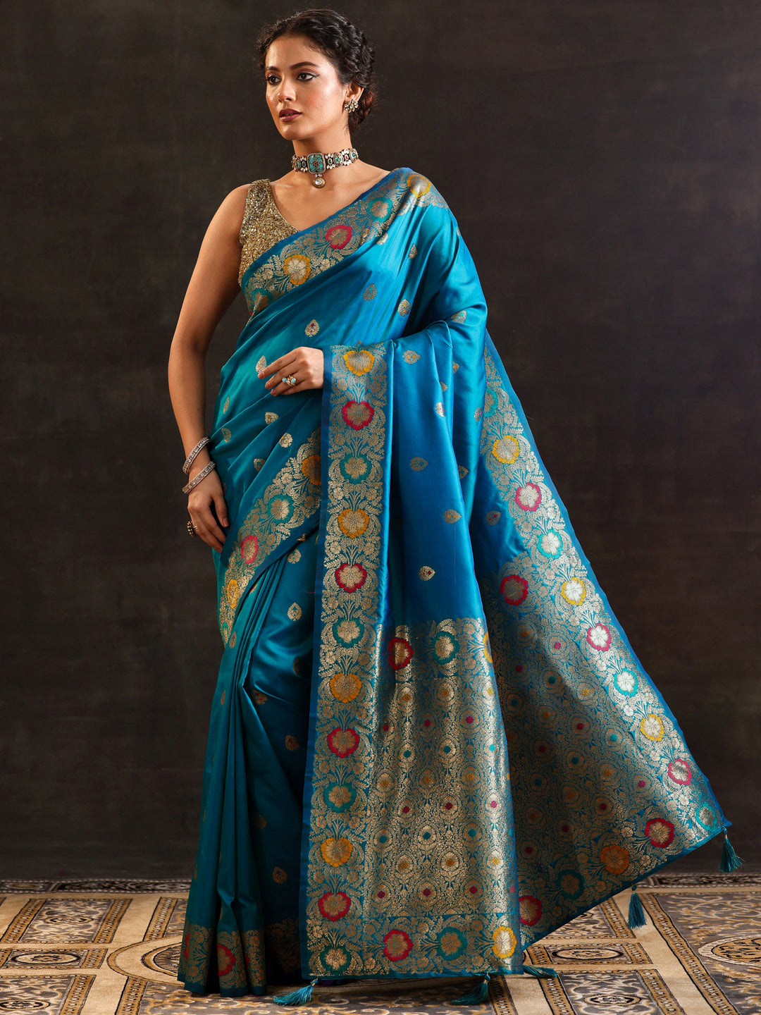  Blue Woven Design Silk Blend Saree With Unstitched Blouse Piece 