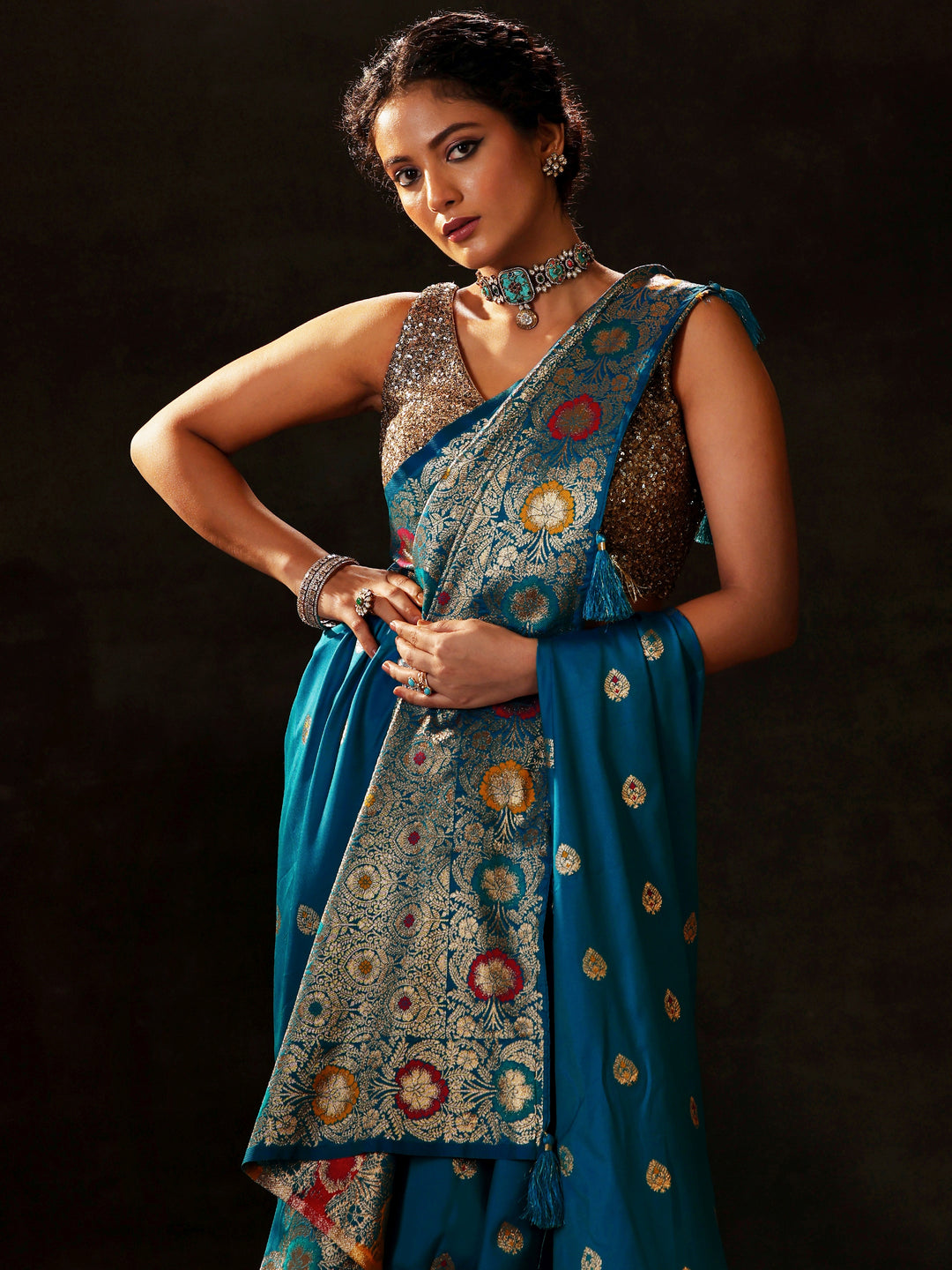  Blue Woven Design Silk Blend Saree With Unstitched Blouse Piece 