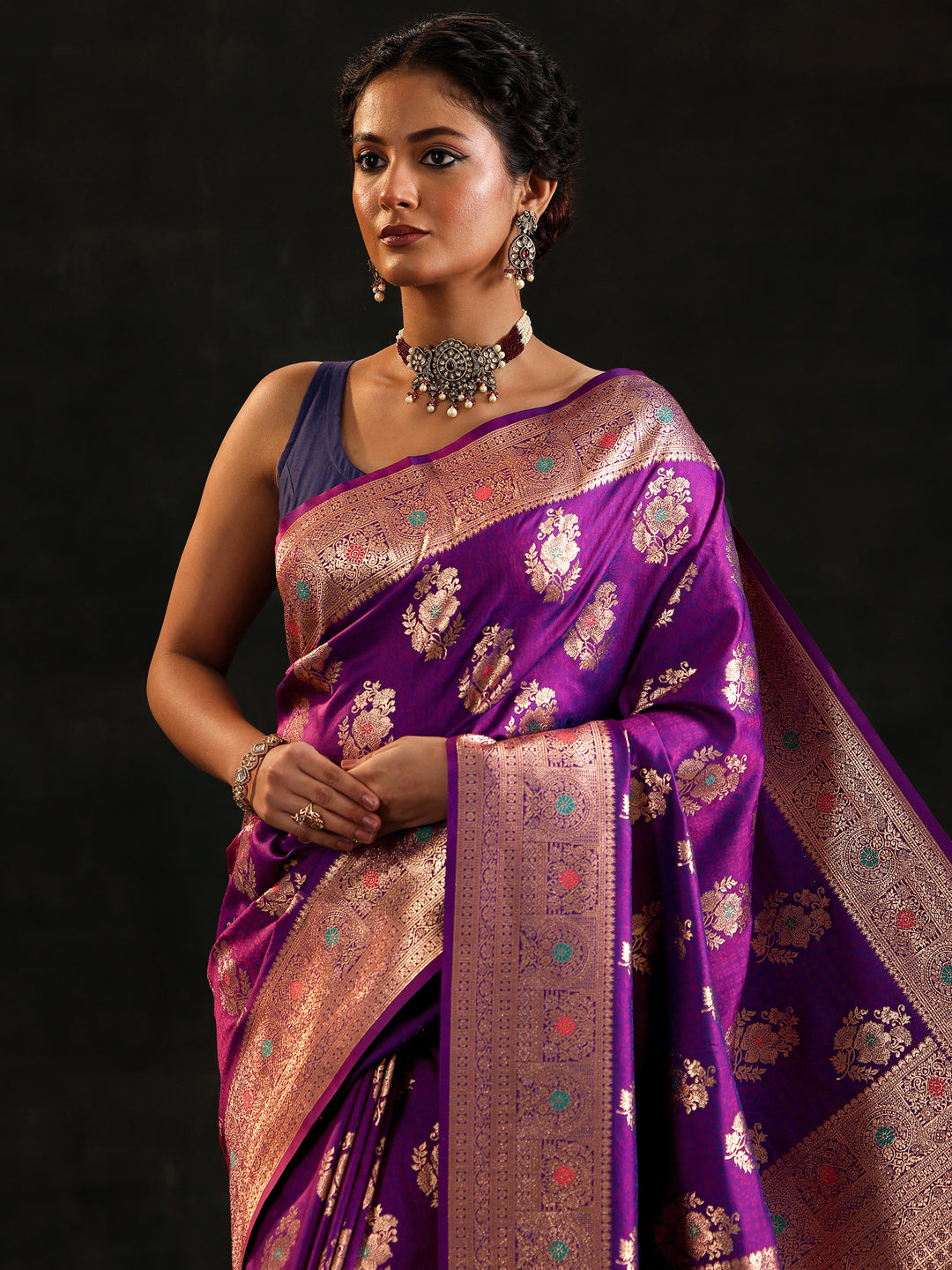 Purple Woven Design Silk Blend Saree With Unstitched Blouse Piece 