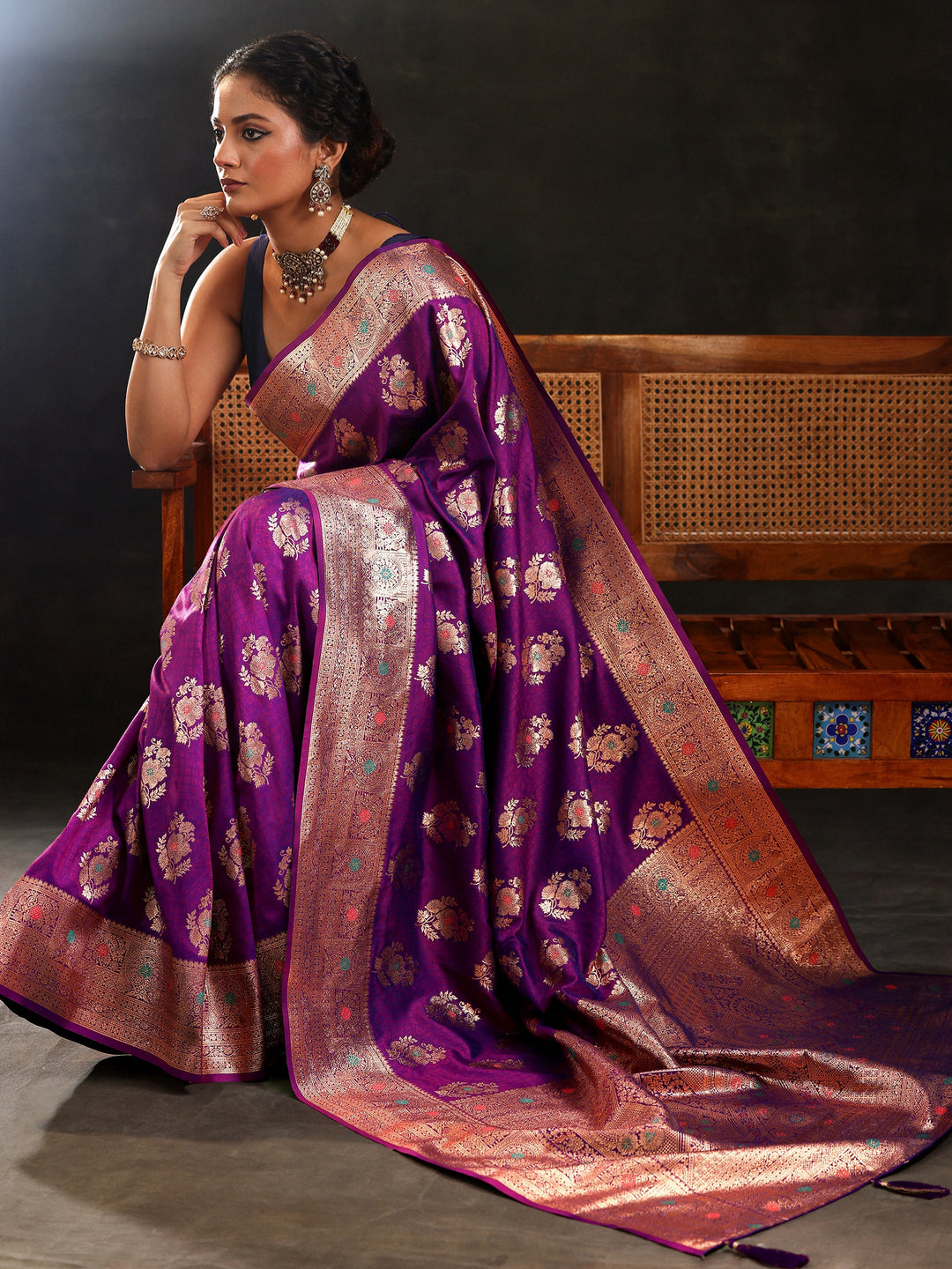  Purple Woven Design Silk Blend Saree With Unstitched Blouse Piece 