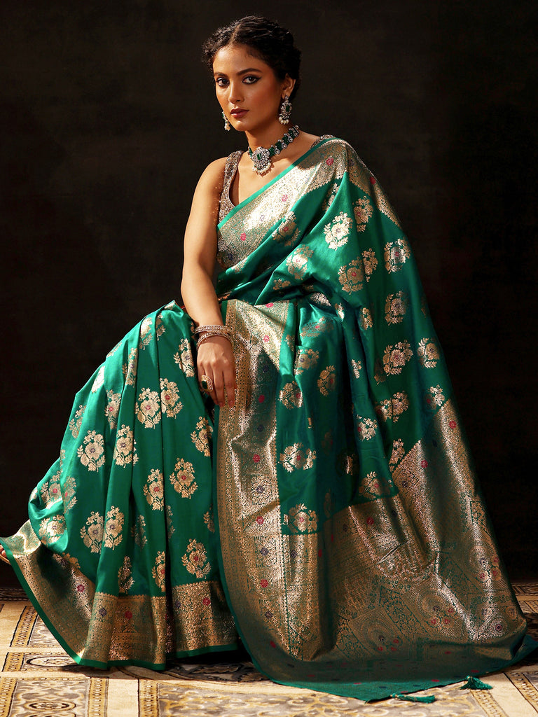 Libas Green Woven Design Silk Blend Saree With Unstitched Blouse Piece