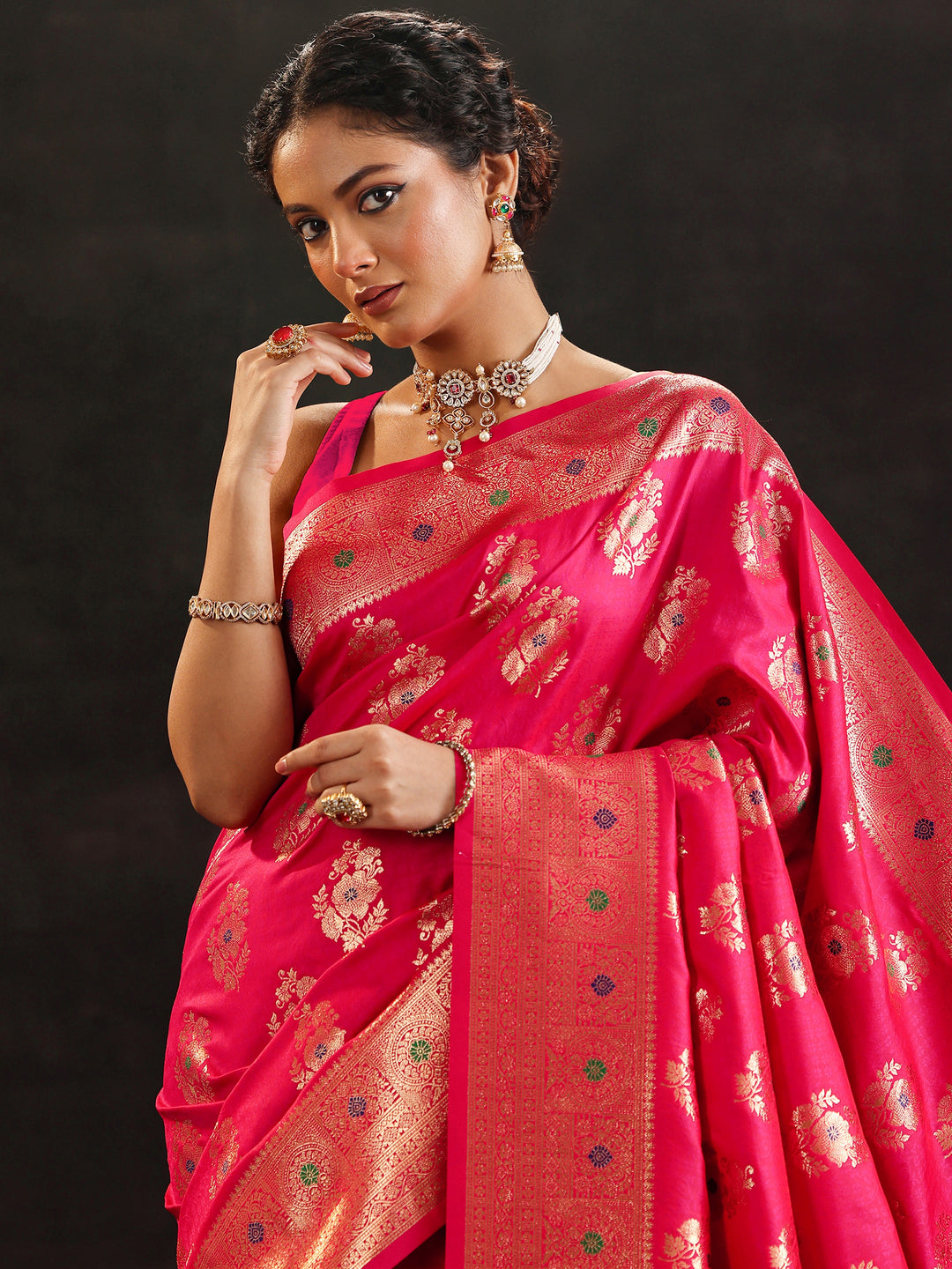  Pink Woven Design Silk Blend Saree With Unstitched Blouse Piece 
