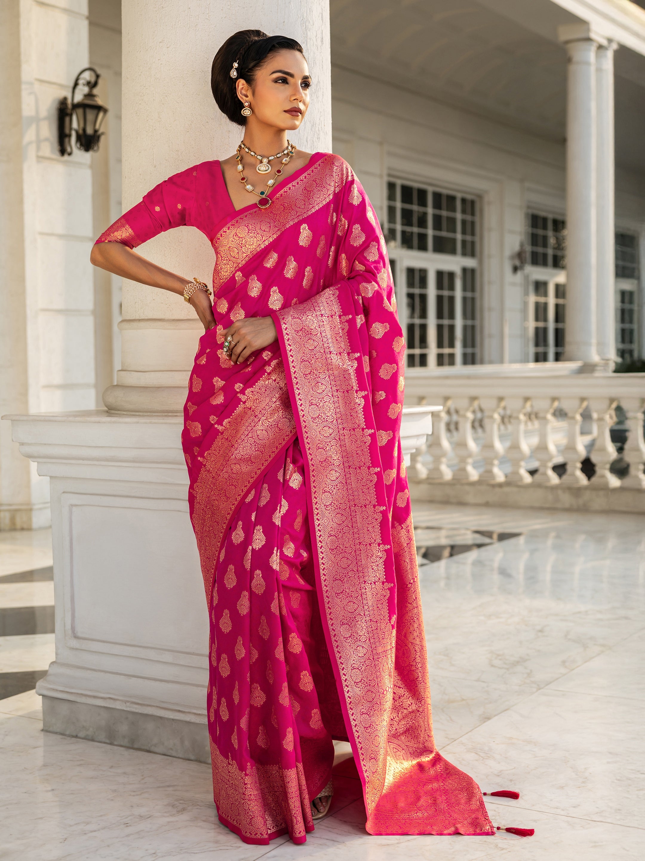 libas Pink Woven Design Silk Blend Saree With Unstitched Blouse Piece-picture-40