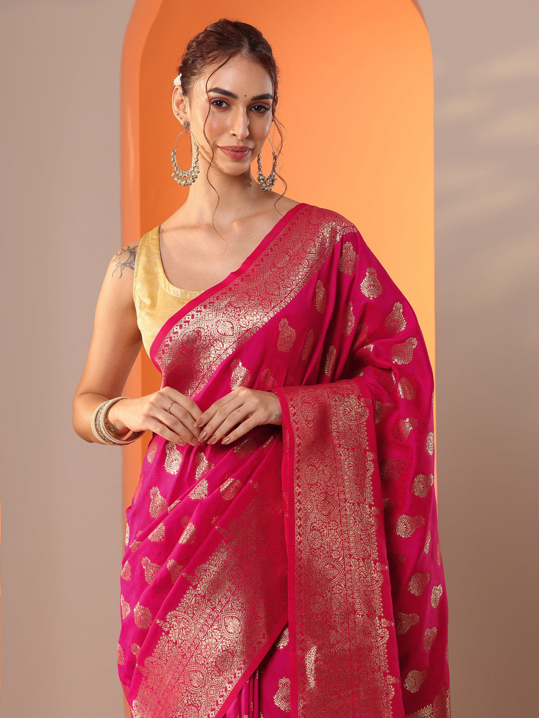  Pink Woven Design Silk Blend Saree With Unstitched Blouse Piece 