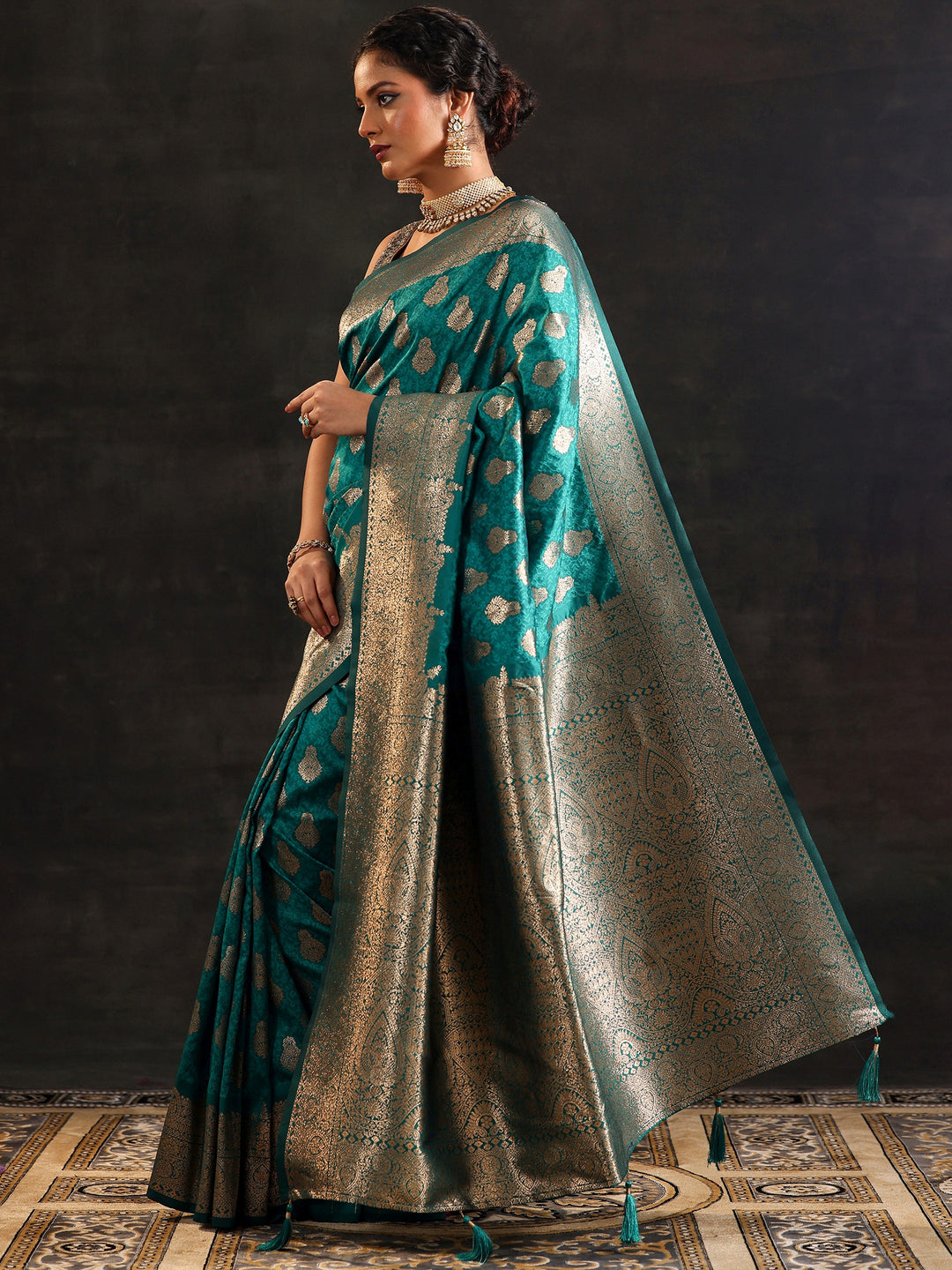  Teal Woven Design Silk Blend Saree With Unstitched Blouse Piece 