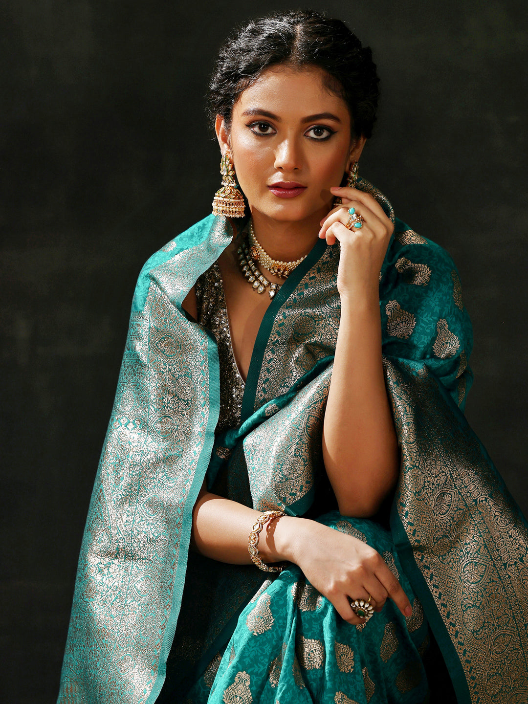  Teal Woven Design Silk Blend Saree With Unstitched Blouse Piece 