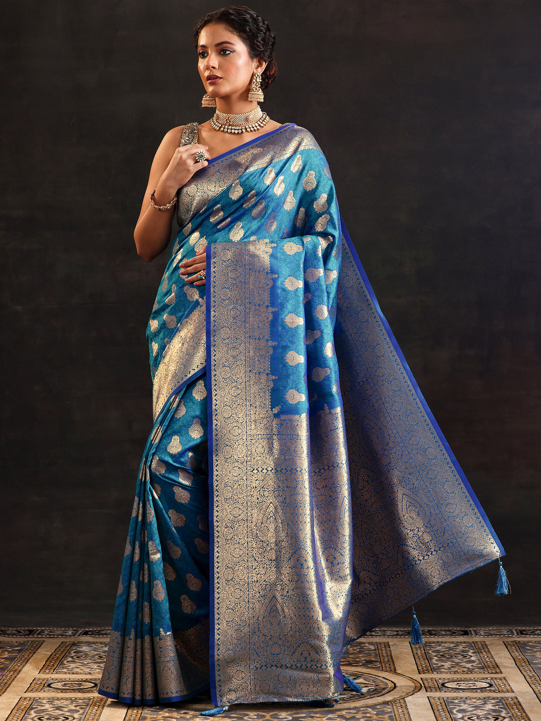  Blue Woven Design Silk Blend Saree With Unstitched Blouse Piece 