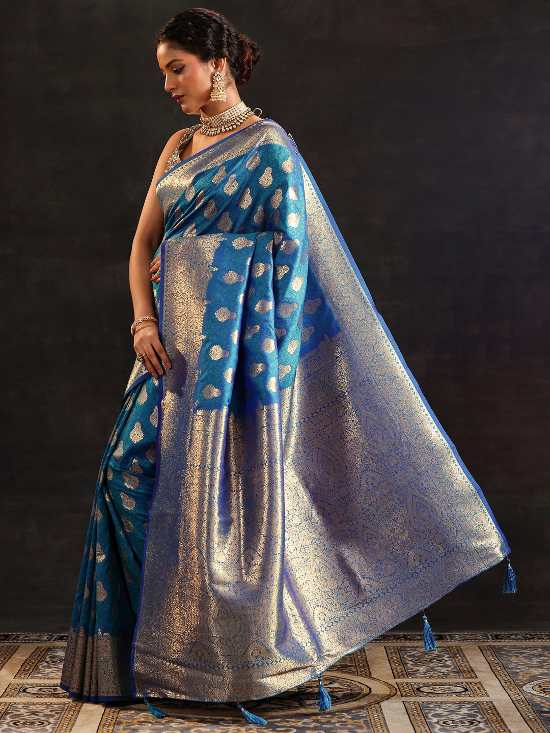  Blue Woven Design Silk Blend Saree With Unstitched Blouse Piece 