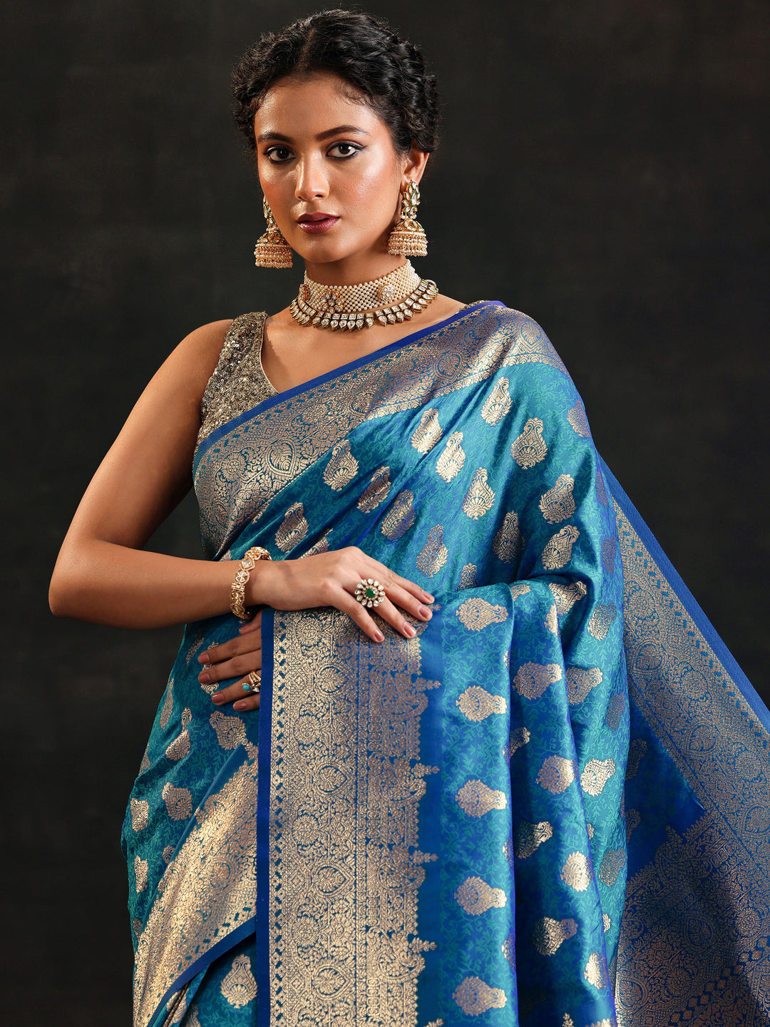  Blue Woven Design Silk Blend Saree With Unstitched Blouse Piece 