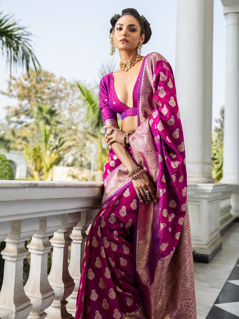 Libas Magenta Woven Design Banarasi Silk Blend Saree With Unstitched Blouse Piece