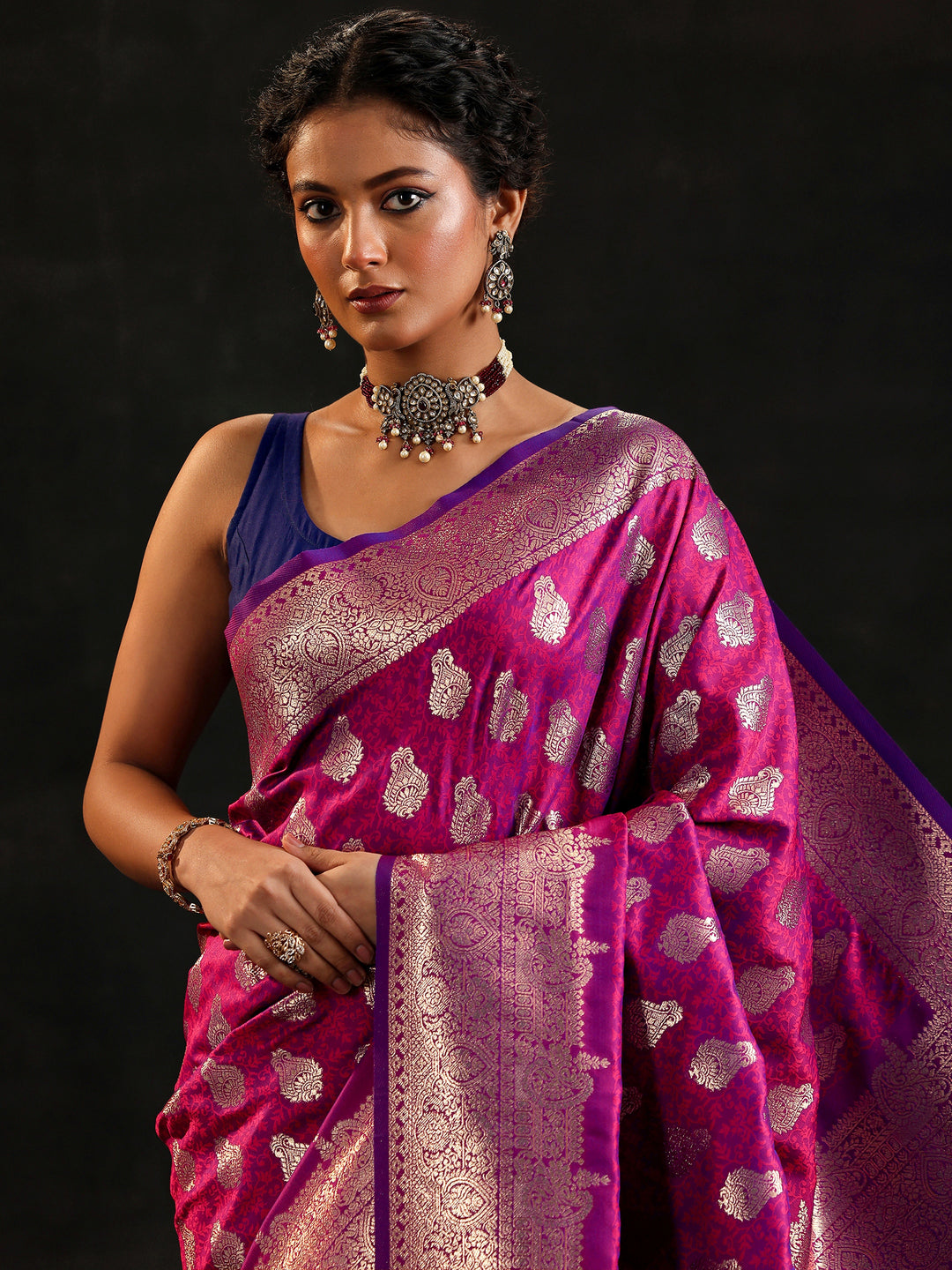  Magenta Woven Design Silk Blend Saree With Unstitched Blouse Piece 