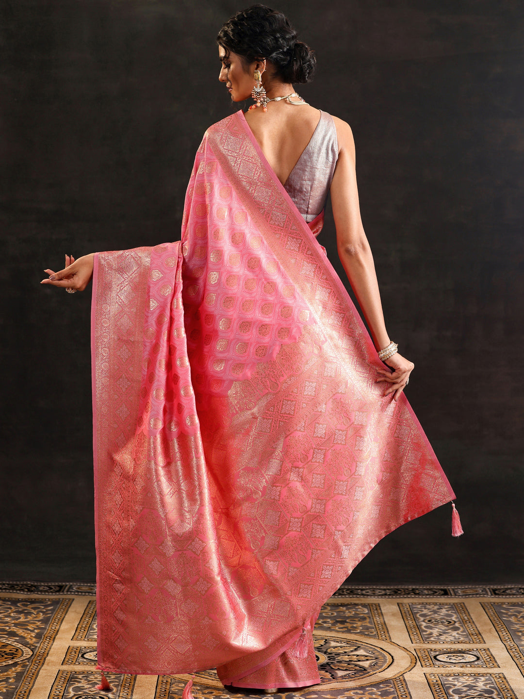  Pink Woven Design Silk Blend Saree With Unstitched Blouse Piece 