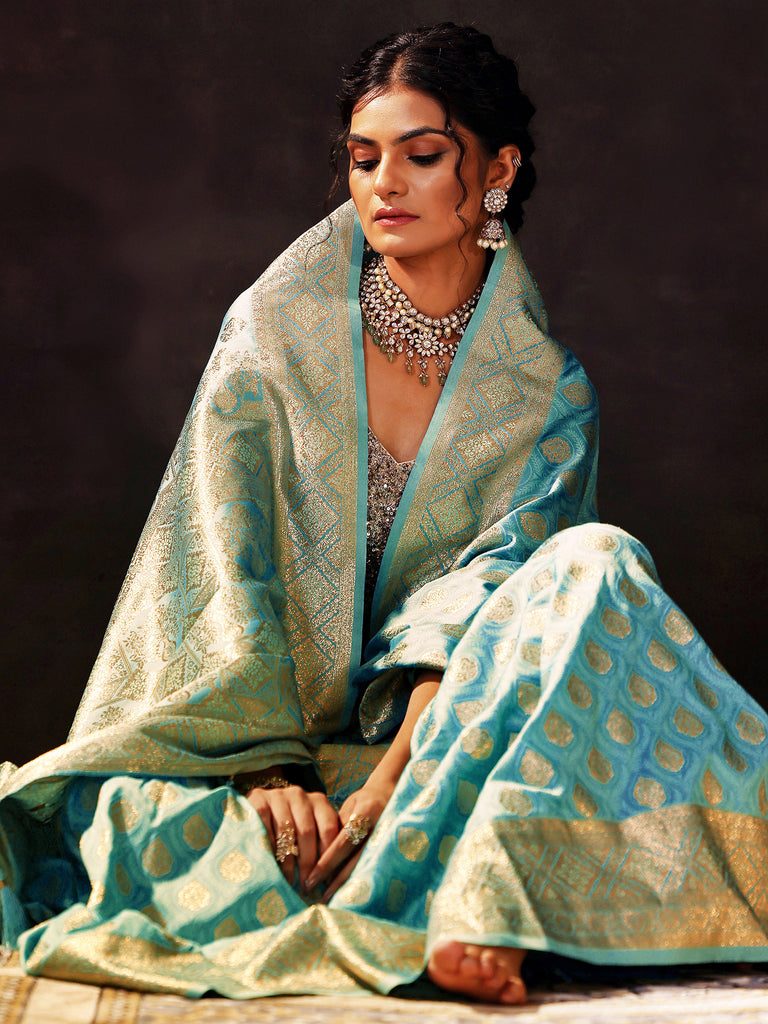 Libas Blue Woven Design Silk Blend Saree With Unstitched Blouse Piece