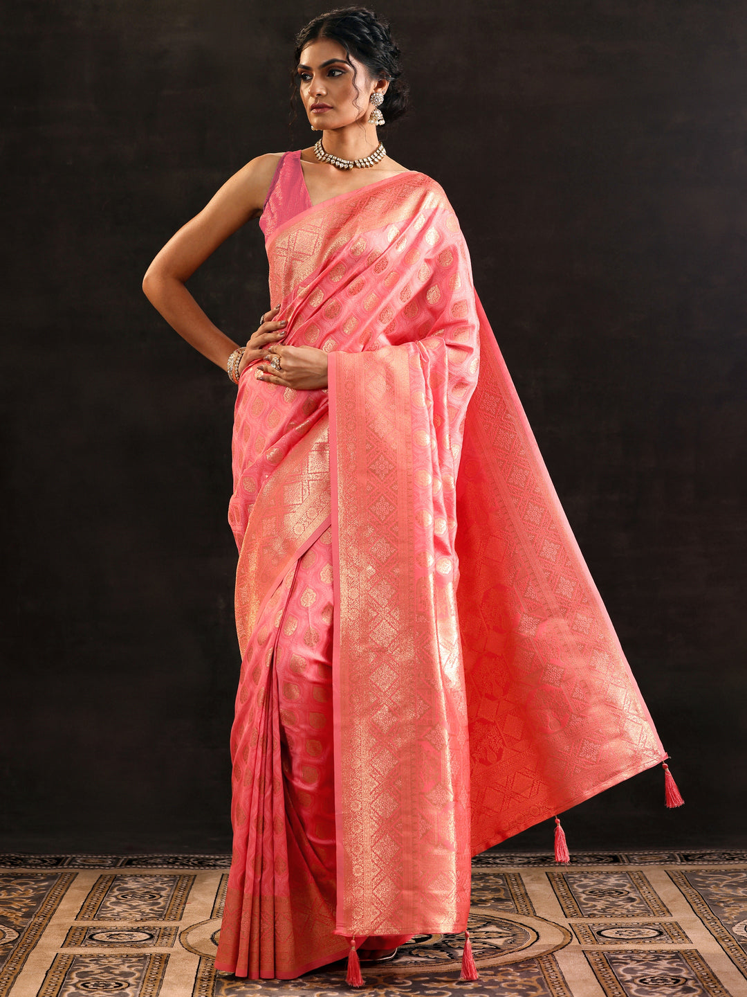 Peach Woven Design Silk Blend Saree With Unstitched Blouse Piece 