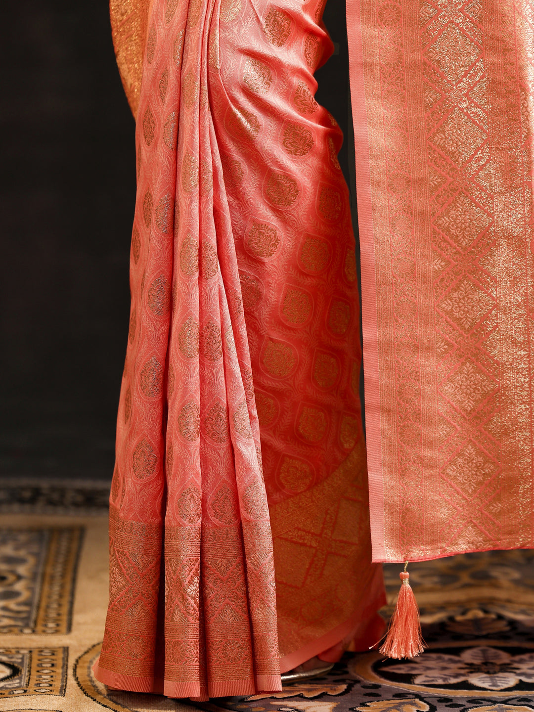  Peach Woven Design Silk Blend Saree With Unstitched Blouse Piece 